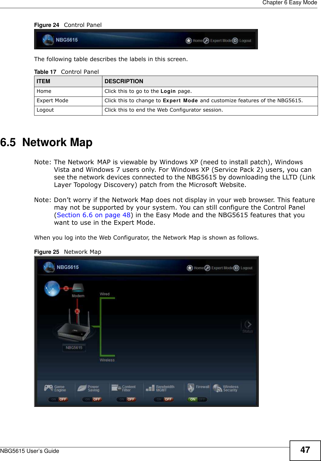  Chapter 6 Easy ModeNBG5615 User’s Guide 47Figure 24   Control PanelThe following table describes the labels in this screen.6.5  Network MapNote: The Network MAP is viewable by Windows XP (need to install patch), Windows Vista and Windows 7 users only. For Windows XP (Service Pack 2) users, you can see the network devices connected to the NBG5615 by downloading the LLTD (Link Layer Topology Discovery) patch from the Microsoft Website.Note: Don’t worry if the Network Map does not display in your web browser. This feature may not be supported by your system. You can still configure the Control Panel (Section 6.6 on page 48) in the Easy Mode and the NBG5615 features that you want to use in the Expert Mode.When you log into the Web Configurator, the Network Map is shown as follows.Figure 25   Network Map Table 17   Control PanelITEM DESCRIPTIONHome Click this to go to the Login page. Expert Mode Click this to change to Expert Mode and customize features of the NBG5615.Logout Click this to end the Web Configurator session.