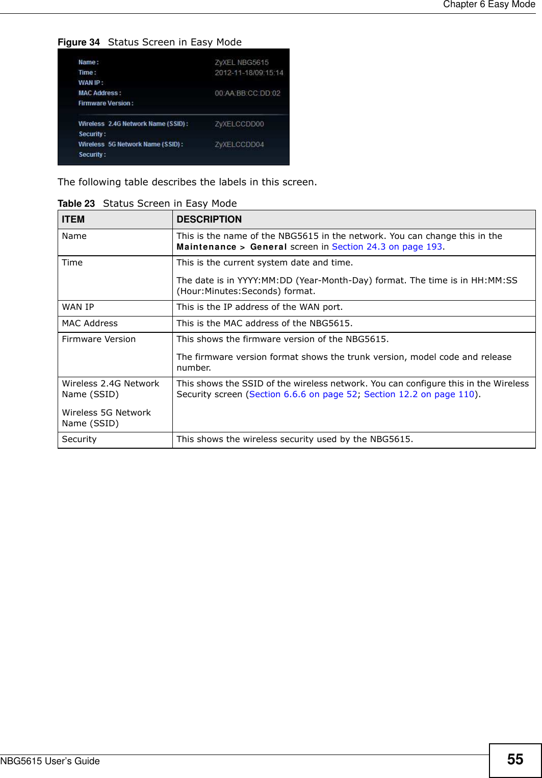  Chapter 6 Easy ModeNBG5615 User’s Guide 55Figure 34   Status Screen in Easy Mode The following table describes the labels in this screen. Table 23   Status Screen in Easy ModeITEM DESCRIPTIONName This is the name of the NBG5615 in the network. You can change this in the Maintenance &gt;  General screen in Section 24.3 on page 193.Time This is the current system date and time.The date is in YYYY:MM:DD (Year-Month-Day) format. The time is in HH:MM:SS (Hour:Minutes:Seconds) format.WAN IP This is the IP address of the WAN port.MAC Address This is the MAC address of the NBG5615.Firmware Version This shows the firmware version of the NBG5615. The firmware version format shows the trunk version, model code and release number.Wireless 2.4G Network Name (SSID)Wireless 5G Network Name (SSID)This shows the SSID of the wireless network. You can configure this in the Wireless Security screen (Section 6.6.6 on page 52; Section 12.2 on page 110).Security This shows the wireless security used by the NBG5615.