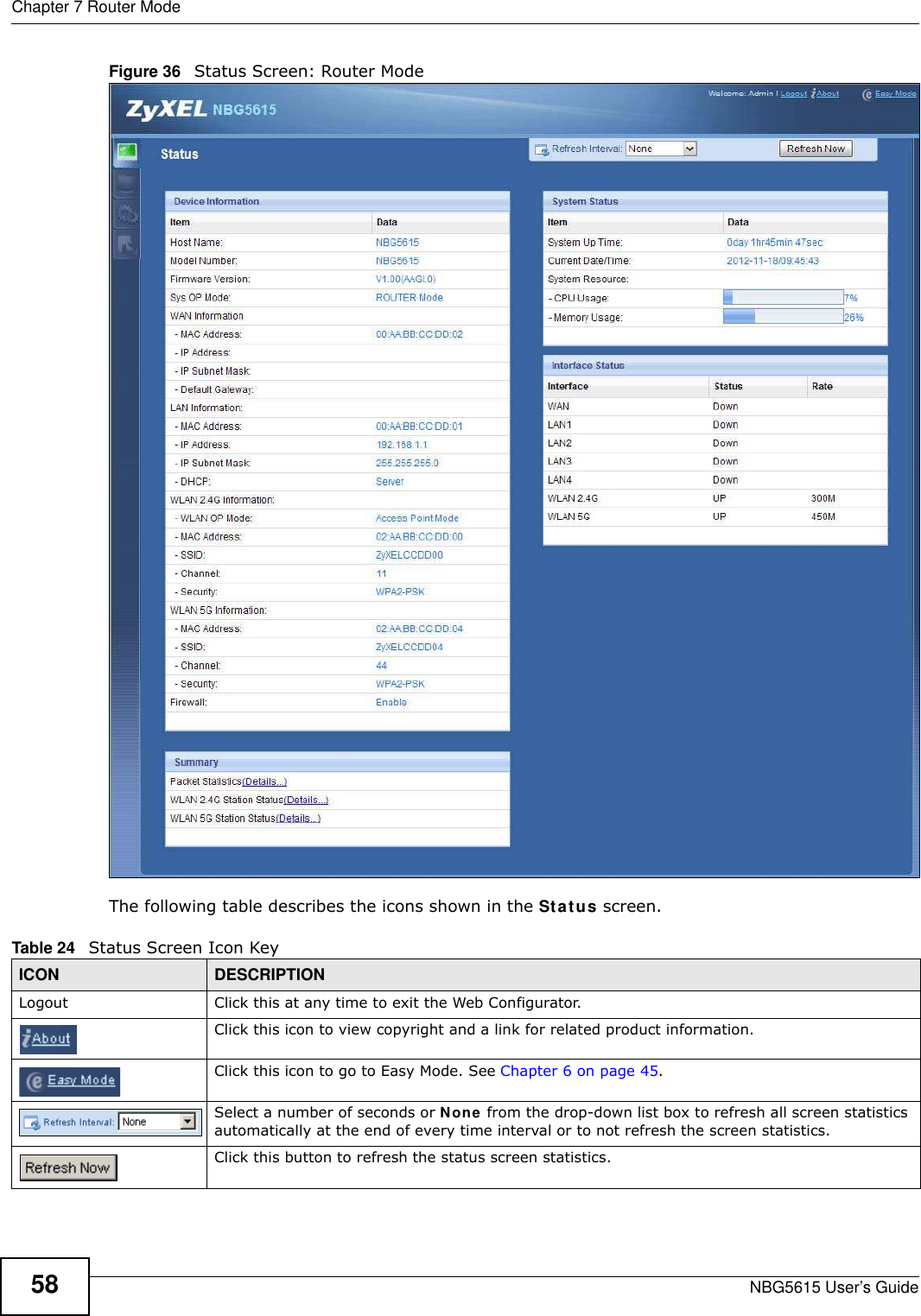 Chapter 7 Router ModeNBG5615 User’s Guide58Figure 36   Status Screen: Router Mode The following table describes the icons shown in the Status screen.Table 24   Status Screen Icon KeyICON DESCRIPTIONLogout Click this at any time to exit the Web Configurator.Click this icon to view copyright and a link for related product information.Click this icon to go to Easy Mode. See Chapter 6 on page 45.Select a number of seconds or None from the drop-down list box to refresh all screen statistics automatically at the end of every time interval or to not refresh the screen statistics.Click this button to refresh the status screen statistics.