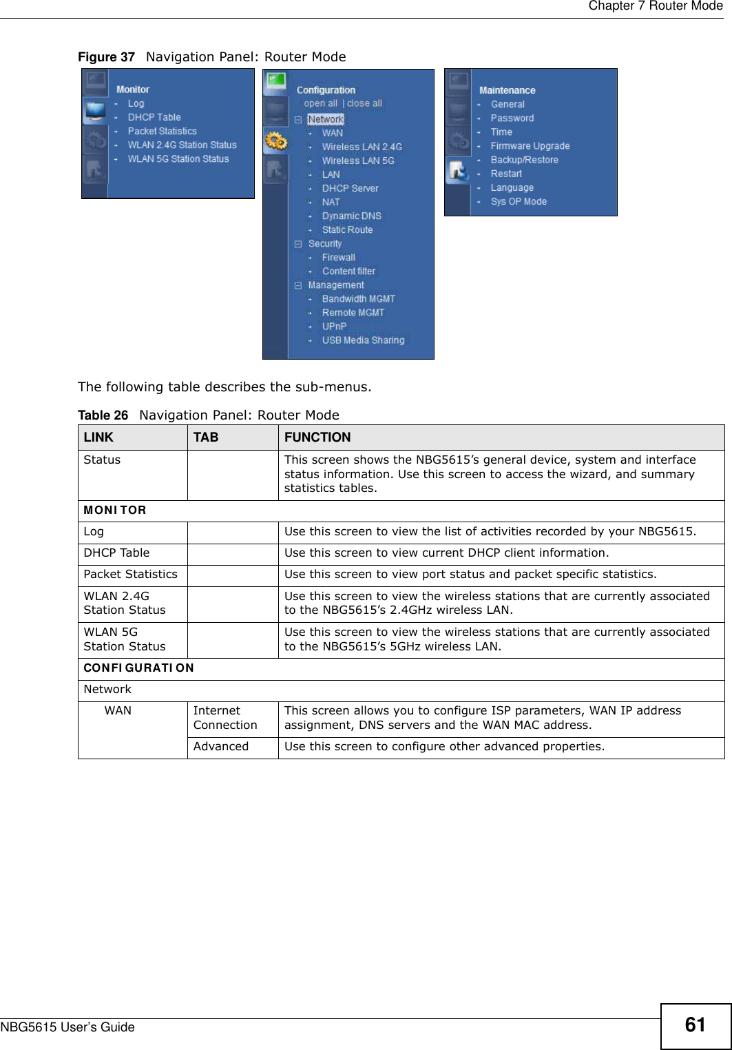  Chapter 7 Router ModeNBG5615 User’s Guide 61Figure 37   Navigation Panel: Router Mode The following table describes the sub-menus.Table 26   Navigation Panel: Router ModeLINK TAB FUNCTIONStatus This screen shows the NBG5615’s general device, system and interface status information. Use this screen to access the wizard, and summary statistics tables.MONI TORLog Use this screen to view the list of activities recorded by your NBG5615.DHCP Table Use this screen to view current DHCP client information.Packet Statistics Use this screen to view port status and packet specific statistics.WLAN 2.4G Station StatusUse this screen to view the wireless stations that are currently associated to the NBG5615’s 2.4GHz wireless LAN.WLAN 5G Station StatusUse this screen to view the wireless stations that are currently associated to the NBG5615’s 5GHz wireless LAN.CONFI GURATI ONNetworkWAN Internet ConnectionThis screen allows you to configure ISP parameters, WAN IP address assignment, DNS servers and the WAN MAC address. Advanced Use this screen to configure other advanced properties.