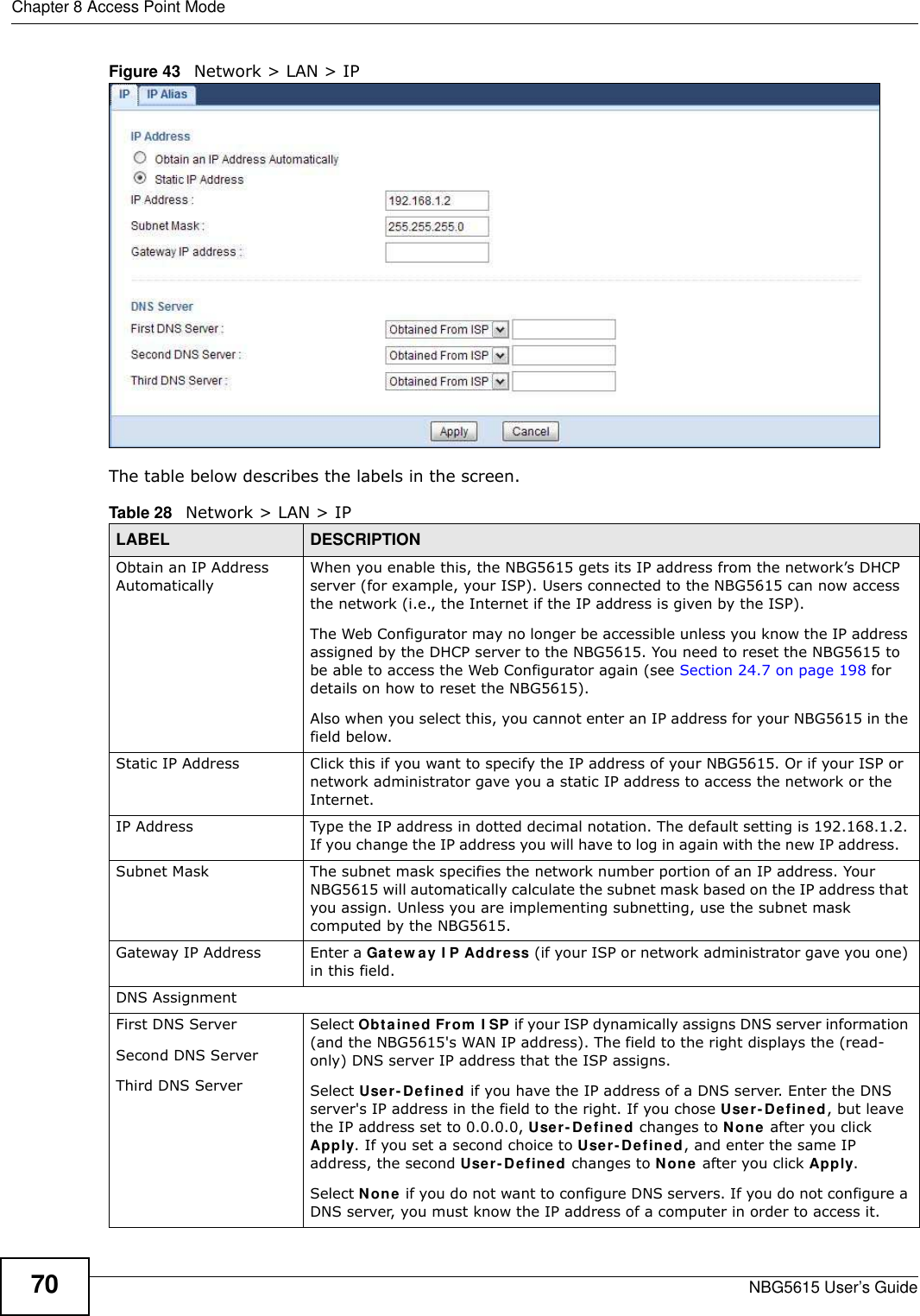 Chapter 8 Access Point ModeNBG5615 User’s Guide70Figure 43   Network &gt; LAN &gt; IP   The table below describes the labels in the screen.Table 28   Network &gt; LAN &gt; IPLABEL DESCRIPTIONObtain an IP Address AutomaticallyWhen you enable this, the NBG5615 gets its IP address from the network’s DHCP server (for example, your ISP). Users connected to the NBG5615 can now access the network (i.e., the Internet if the IP address is given by the ISP).The Web Configurator may no longer be accessible unless you know the IP address assigned by the DHCP server to the NBG5615. You need to reset the NBG5615 to be able to access the Web Configurator again (see Section 24.7 on page 198 for details on how to reset the NBG5615).Also when you select this, you cannot enter an IP address for your NBG5615 in the field below.Static IP Address Click this if you want to specify the IP address of your NBG5615. Or if your ISP or network administrator gave you a static IP address to access the network or the Internet.IP Address Type the IP address in dotted decimal notation. The default setting is 192.168.1.2. If you change the IP address you will have to log in again with the new IP address.   Subnet Mask The subnet mask specifies the network number portion of an IP address. Your NBG5615 will automatically calculate the subnet mask based on the IP address that you assign. Unless you are implementing subnetting, use the subnet mask computed by the NBG5615.Gateway IP Address Enter a Gatew ay I P Address (if your ISP or network administrator gave you one) in this field.DNS AssignmentFirst DNS ServerSecond DNS ServerThird DNS Server Select Obtained From  I SP if your ISP dynamically assigns DNS server information (and the NBG5615&apos;s WAN IP address). The field to the right displays the (read-only) DNS server IP address that the ISP assigns. Select User-Defined if you have the IP address of a DNS server. Enter the DNS server&apos;s IP address in the field to the right. If you chose User- Defined, but leave the IP address set to 0.0.0.0, User- Defined changes to None after you click Apply. If you set a second choice to User- Defined, and enter the same IP address, the second User-Defined changes to None after you click Apply. Select None if you do not want to configure DNS servers. If you do not configure a DNS server, you must know the IP address of a computer in order to access it.