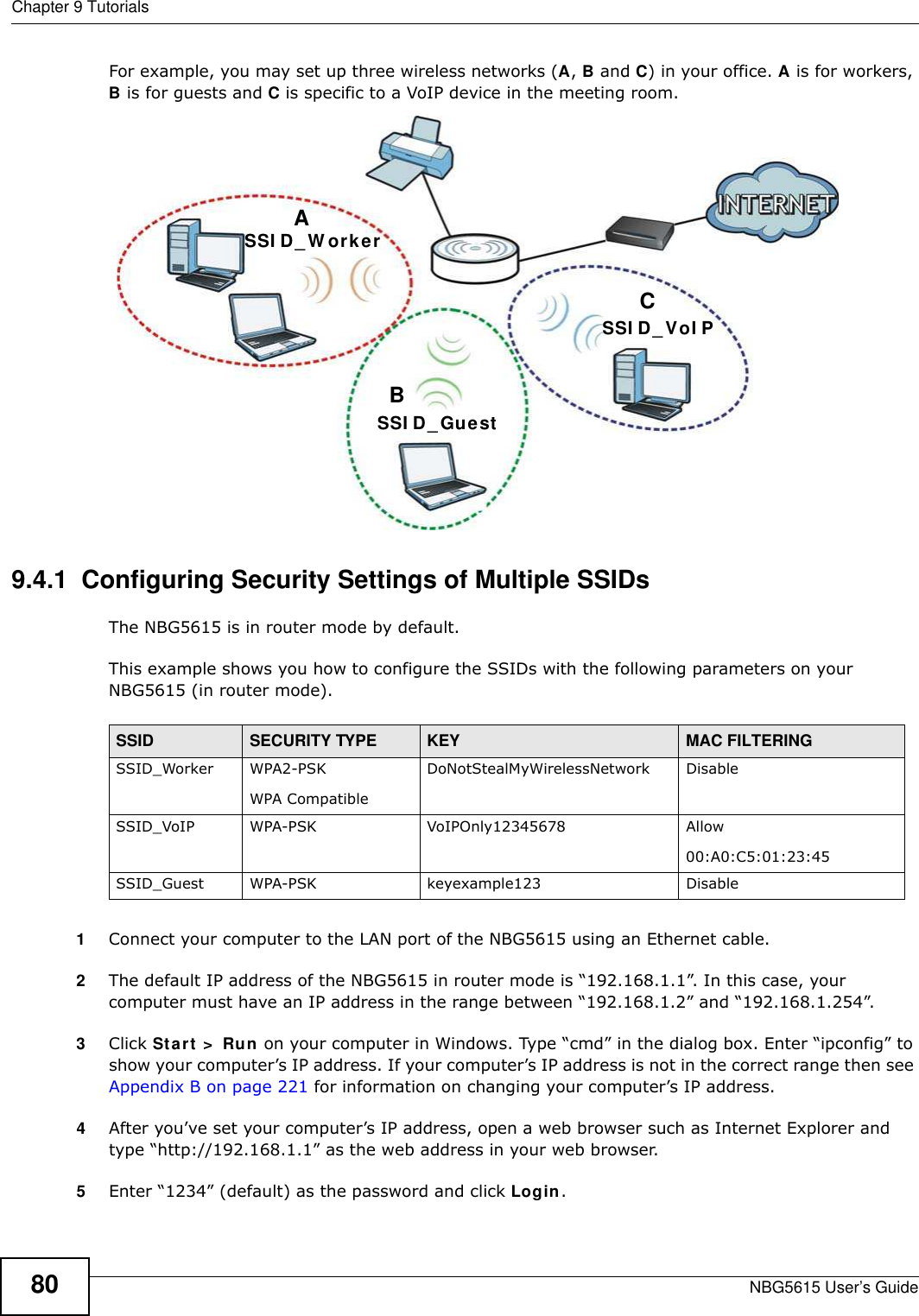 Chapter 9 TutorialsNBG5615 User’s Guide80For example, you may set up three wireless networks (A, B and C) in your office. A is for workers, B is for guests and C is specific to a VoIP device in the meeting room. 9.4.1  Configuring Security Settings of Multiple SSIDsThe NBG5615 is in router mode by default.This example shows you how to configure the SSIDs with the following parameters on your NBG5615 (in router mode).1Connect your computer to the LAN port of the NBG5615 using an Ethernet cable. 2The default IP address of the NBG5615 in router mode is “192.168.1.1”. In this case, your computer must have an IP address in the range between “192.168.1.2” and “192.168.1.254”.3Click Start &gt;  Run on your computer in Windows. Type “cmd” in the dialog box. Enter “ipconfig” to show your computer’s IP address. If your computer’s IP address is not in the correct range then see Appendix B on page 221 for information on changing your computer’s IP address.4After you’ve set your computer’s IP address, open a web browser such as Internet Explorer and type “http://192.168.1.1” as the web address in your web browser.5Enter “1234” (default) as the password and click Login.ABCSSI D_GuestSSI D_ W orkerSSI D_VoI PSSID SECURITY TYPE KEY MAC FILTERINGSSID_Worker WPA2-PSKWPA Compatible DoNotStealMyWirelessNetwork DisableSSID_VoIP WPA-PSK VoIPOnly12345678 Allow00:A0:C5:01:23:45SSID_Guest WPA-PSK keyexample123 Disable