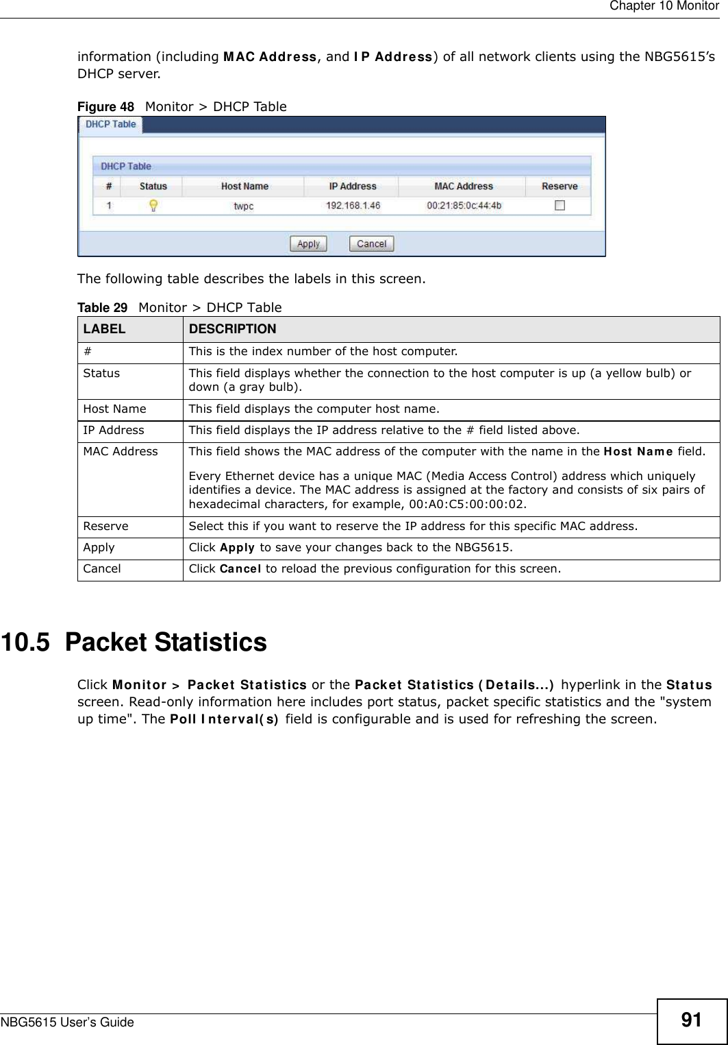  Chapter 10 MonitorNBG5615 User’s Guide 91information (including MAC Address, and I P Address) of all network clients using the NBG5615’s DHCP server. Figure 48   Monitor &gt; DHCP TableThe following table describes the labels in this screen.10.5  Packet Statistics   Click Monitor &gt;  Packet Statistics or the Packet Statistics ( Details...)  hyperlink in the Status screen. Read-only information here includes port status, packet specific statistics and the &quot;system up time&quot;. The Poll I nterval( s)  field is configurable and is used for refreshing the screen.Table 29   Monitor &gt; DHCP TableLABEL  DESCRIPTION#  This is the index number of the host computer.Status This field displays whether the connection to the host computer is up (a yellow bulb) or down (a gray bulb).Host Name This field displays the computer host name.IP Address This field displays the IP address relative to the # field listed above.MAC Address This field shows the MAC address of the computer with the name in the Host Nam e field.Every Ethernet device has a unique MAC (Media Access Control) address which uniquely identifies a device. The MAC address is assigned at the factory and consists of six pairs of hexadecimal characters, for example, 00:A0:C5:00:00:02.Reserve Select this if you want to reserve the IP address for this specific MAC address.Apply Click Apply to save your changes back to the NBG5615.Cancel Click Cancel to reload the previous configuration for this screen.