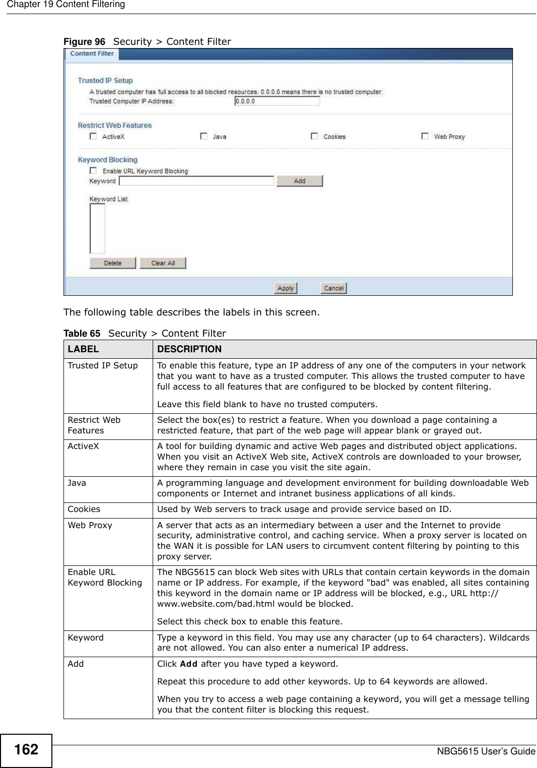 Chapter 19 Content FilteringNBG5615 User’s Guide162Figure 96   Security &gt; Content Filter The following table describes the labels in this screen.Table 65   Security &gt; Content Filter LABEL DESCRIPTIONTrusted IP Setup To enable this feature, type an IP address of any one of the computers in your network that you want to have as a trusted computer. This allows the trusted computer to have full access to all features that are configured to be blocked by content filtering.Leave this field blank to have no trusted computers.Restrict Web FeaturesSelect the box(es) to restrict a feature. When you download a page containing a restricted feature, that part of the web page will appear blank or grayed out.ActiveX  A tool for building dynamic and active Web pages and distributed object applications. When you visit an ActiveX Web site, ActiveX controls are downloaded to your browser, where they remain in case you visit the site again. Java A programming language and development environment for building downloadable Web components or Internet and intranet business applications of all kinds.Cookies Used by Web servers to track usage and provide service based on ID. Web Proxy A server that acts as an intermediary between a user and the Internet to provide security, administrative control, and caching service. When a proxy server is located on the WAN it is possible for LAN users to circumvent content filtering by pointing to this proxy server. Enable URL Keyword BlockingThe NBG5615 can block Web sites with URLs that contain certain keywords in the domain name or IP address. For example, if the keyword &quot;bad&quot; was enabled, all sites containing this keyword in the domain name or IP address will be blocked, e.g., URL http://www.website.com/bad.html would be blocked. Select this check box to enable this feature.Keyword Type a keyword in this field. You may use any character (up to 64 characters). Wildcards are not allowed. You can also enter a numerical IP address.Add  Click Add after you have typed a keyword. Repeat this procedure to add other keywords. Up to 64 keywords are allowed.When you try to access a web page containing a keyword, you will get a message telling you that the content filter is blocking this request.