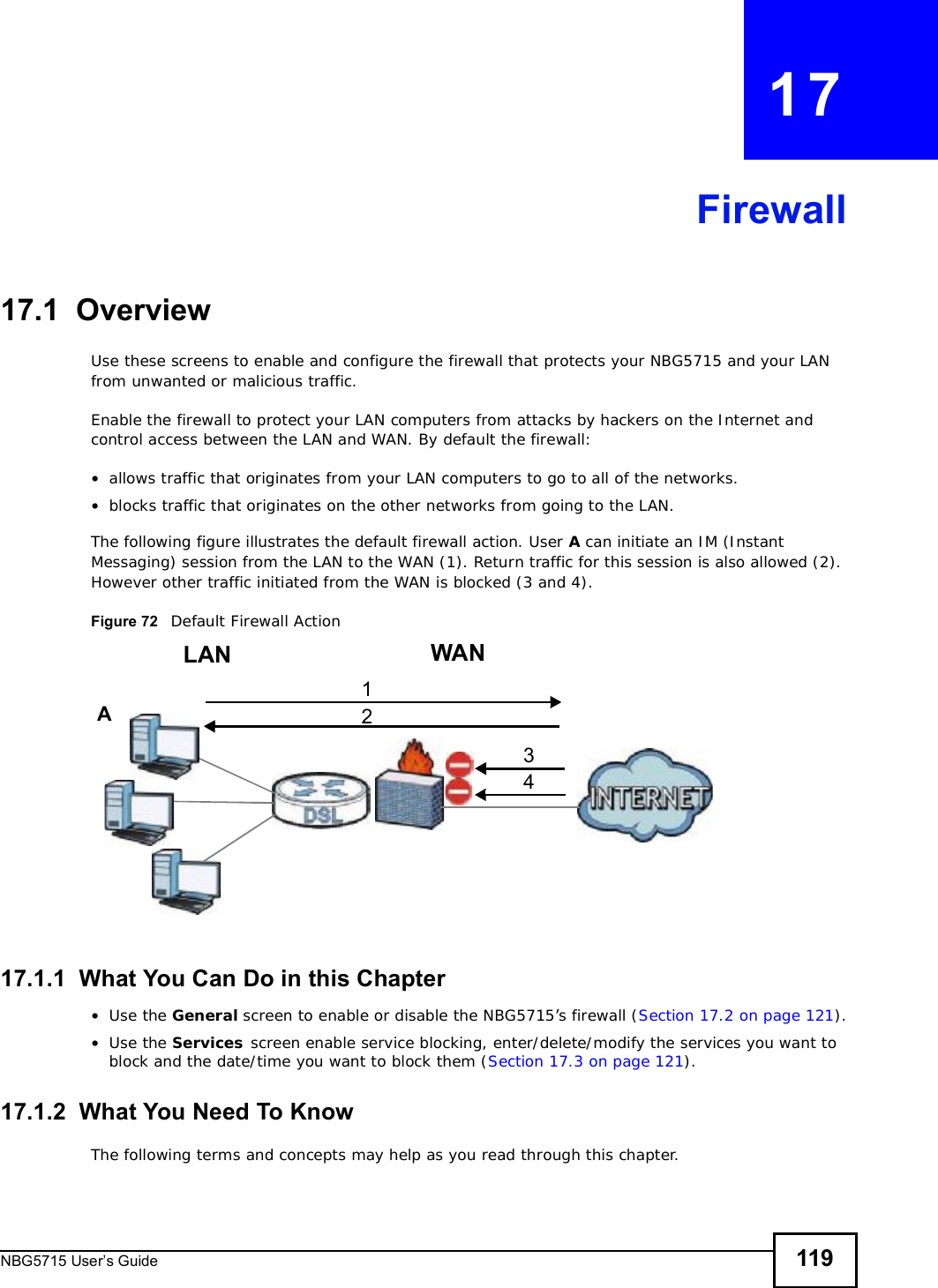 NBG5715 User’s Guide 119CHAPTER   17Firewall17.1  OverviewUse these screens to enable and configure the firewall that protects your NBG5715 and your LAN from unwanted or malicious traffic.Enable the firewall to protect your LAN computers from attacks by hackers on the Internet and control access between the LAN and WAN. By default the firewall:•allows traffic that originates from your LAN computers to go to all of the networks. •blocks traffic that originates on the other networks from going to the LAN. The following figure illustrates the default firewall action. User A can initiate an IM (Instant Messaging) session from the LAN to the WAN (1). Return traffic for this session is also allowed (2). However other traffic initiated from the WAN is blocked (3 and 4).Figure 72   Default Firewall Action17.1.1  What You Can Do in this Chapter•Use the General screen to enable or disable the NBG5715’s firewall (Section 17.2 on page 121).•Use the Services screen enable service blocking, enter/delete/modify the services you want to block and the date/time you want to block them (Section 17.3 on page 121).17.1.2  What You Need To KnowThe following terms and concepts may help as you read through this chapter.WANLAN3412A