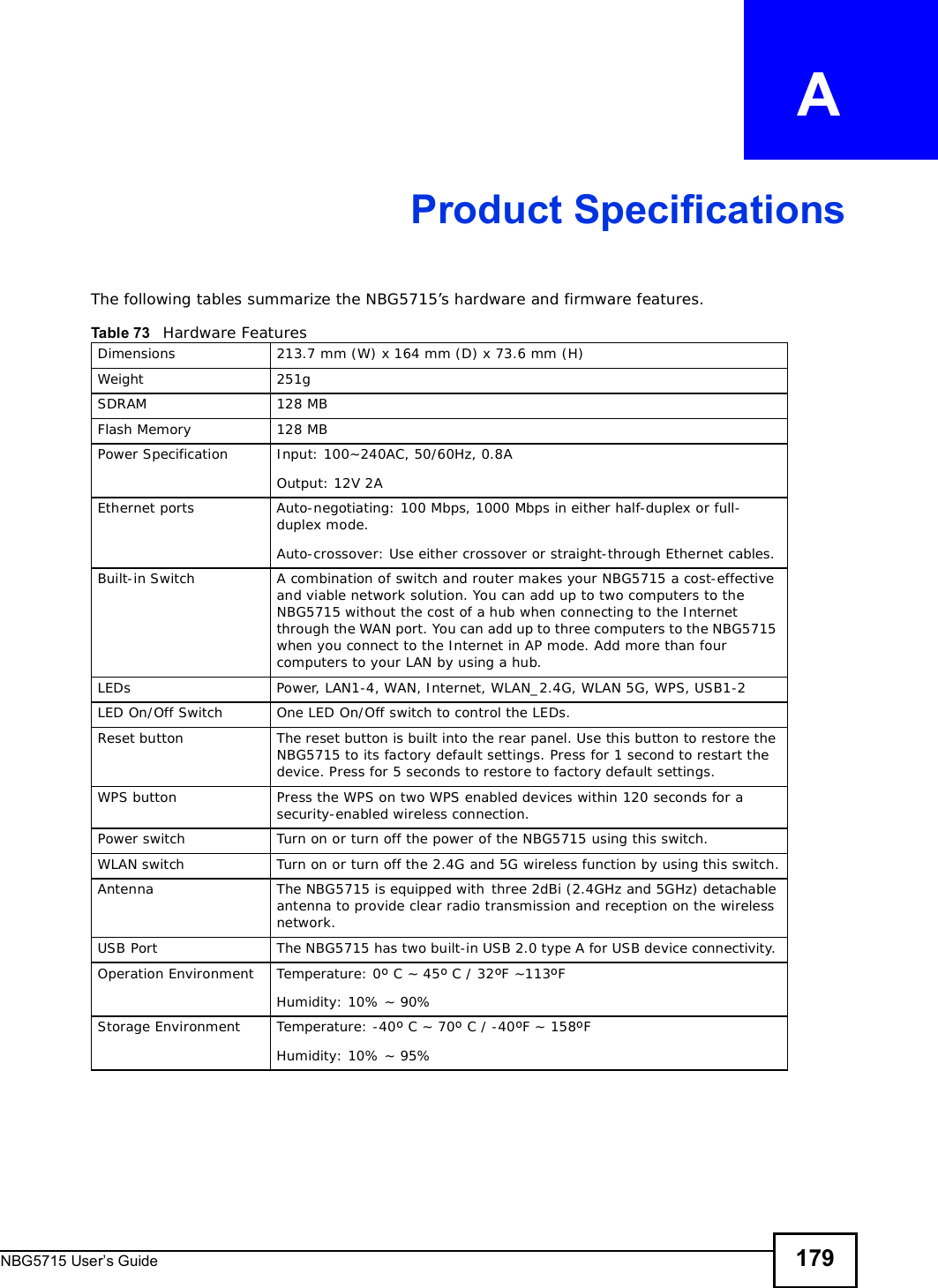NBG5715 User’s Guide 179APPENDIX   AProduct SpecificationsThe following tables summarize the NBG5715’s hardware and firmware features.Table 73   Hardware FeaturesDimensions 213.7 mm (W) x 164 mm (D) x 73.6 mm (H)Weight 251gSDRAM 128 MBFlash Memory 128 MBPower Specification Input: 100~240AC, 50/60Hz, 0.8AOutput: 12V 2AEthernet portsAuto-negotiating: 100 Mbps, 1000 Mbps in either half-duplex or full-duplex mode.Auto-crossover: Use either crossover or straight-through Ethernet cables.Built-in Switch A combination of switch and router makes your NBG5715 a cost-effective and viable network solution. You can add up to two computers to the NBG5715 without the cost of a hub when connecting to the Internet through the WAN port. You can add up to three computers to the NBG5715 when you connect to the Internet in AP mode. Add more than four computers to your LAN by using a hub.LEDsPower, LAN1-4, WAN, Internet, WLAN_2.4G, WLAN 5G, WPS, USB1-2LED On/Off Switch One LED On/Off switch to control the LEDs.Reset button The reset button is built into the rear panel. Use this button to restore the NBG5715 to its factory default settings. Press for 1 second to restart the device. Press for 5 seconds to restore to factory default settings.WPS button Press the WPS on two WPS enabled devices within 120 seconds for a security-enabled wireless connection.Power switch Turn on or turn off the power of the NBG5715 using this switch.WLAN switch Turn on or turn off the 2.4G and 5G wireless function by using this switch.Antenna The NBG5715 is equipped withthree 2dBi (2.4GHz and 5GHz) detachable antenna to provide clear radio transmission and reception on the wireless network. USB Port The NBG5715 has two built-in USB 2.0 type A for USB device connectivity. Operation Environment Temperature: 0º C ~ 45º C / 32ºF ~113ºFHumidity: 10% ~ 90% Storage Environment Temperature: -40º C ~ 70º C / -40ºF ~ 158ºFHumidity: 10% ~ 95% 