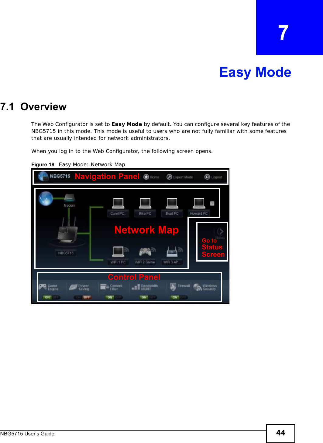 NBG5715 User’s Guide 44CHAPTER   7Easy Mode7.1  OverviewThe Web Configurator is set to Easy Mode by default. You can configure several key features of the NBG5715 in this mode. This mode is useful to users who are not fully familiar with some features that are usually intended for network administrators.When you log in to the Web Configurator, the following screen opens.Figure 18   Easy Mode: Network Map Network MapControl PanelGo toStatusScreenNavigation Panel