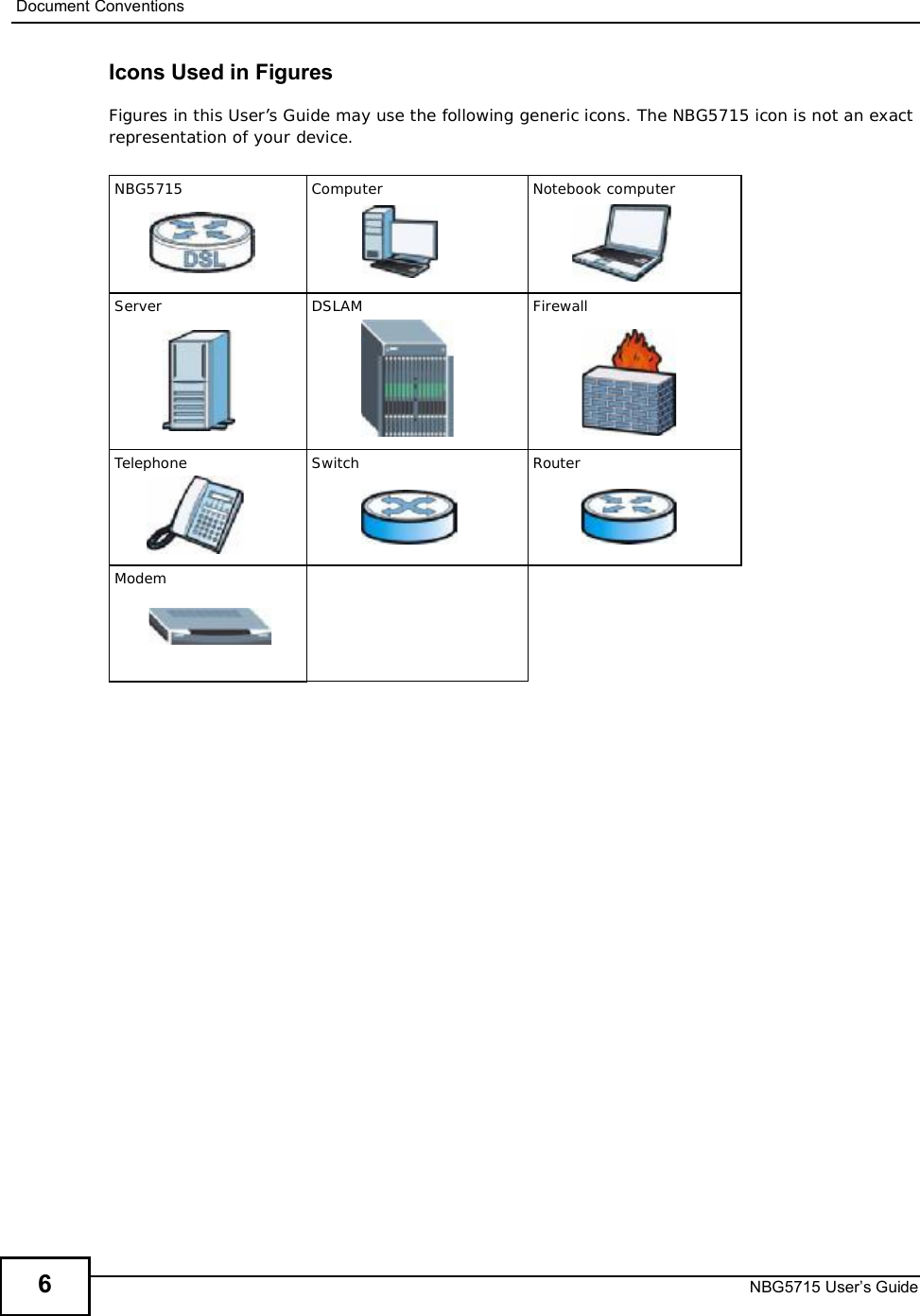 Document ConventionsNBG5715 User’s Guide6Icons Used in FiguresFigures in this User’s Guide may use the following generic icons. The NBG5715 icon is not an exact representation of your device.NBG5715 Computer Notebook computerServer DSLAM FirewallTelephone Switch RouterModem