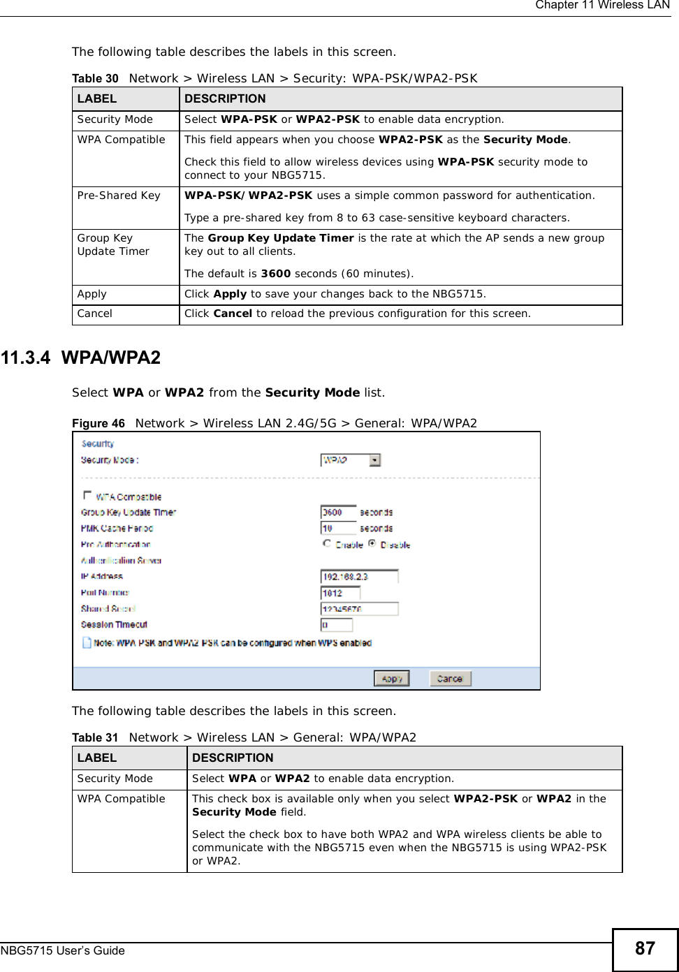  Chapter 11Wireless LANNBG5715 User’s Guide 87The following table describes the labels in this screen.11.3.4  WPA/WPA2Select WPA or WPA2 from the Security Mode list.Figure 46   Network &gt; Wireless LAN 2.4G/5G &gt; General: WPA/WPA2The following table describes the labels in this screen.Table 30   Network &gt; Wireless LAN &gt; Security: WPA-PSK/WPA2-PSKLABEL DESCRIPTIONSecurity Mode Select WPA-PSK or WPA2-PSK to enable data encryption.WPA Compatible This field appears when you choose WPA2-PSK as the Security Mode.Check this field to allow wireless devices using WPA-PSK security mode to connect to your NBG5715.Pre-Shared Key  WPA-PSK/WPA2-PSK uses a simple common password for authentication.Type a pre-shared key from 8 to 63 case-sensitive keyboard characters.Group Key Update Timer The Group Key Update Timer is the rate at which the AP sends a new group key out to all clients. The default is 3600 seconds (60 minutes).Apply Click Apply to save your changes back to the NBG5715.Cancel Click Cancel to reload the previous configuration for this screen.Table 31   Network &gt; Wireless LAN &gt; General: WPA/WPA2LABEL DESCRIPTIONSecurity Mode Select WPA or WPA2 to enable data encryption.WPA Compatible This check box is available only when you select WPA2-PSK or WPA2 in the Security Mode field.Select the check box to have both WPA2 and WPA wireless clients be able to communicate with the NBG5715 even when the NBG5715 is using WPA2-PSK or WPA2.