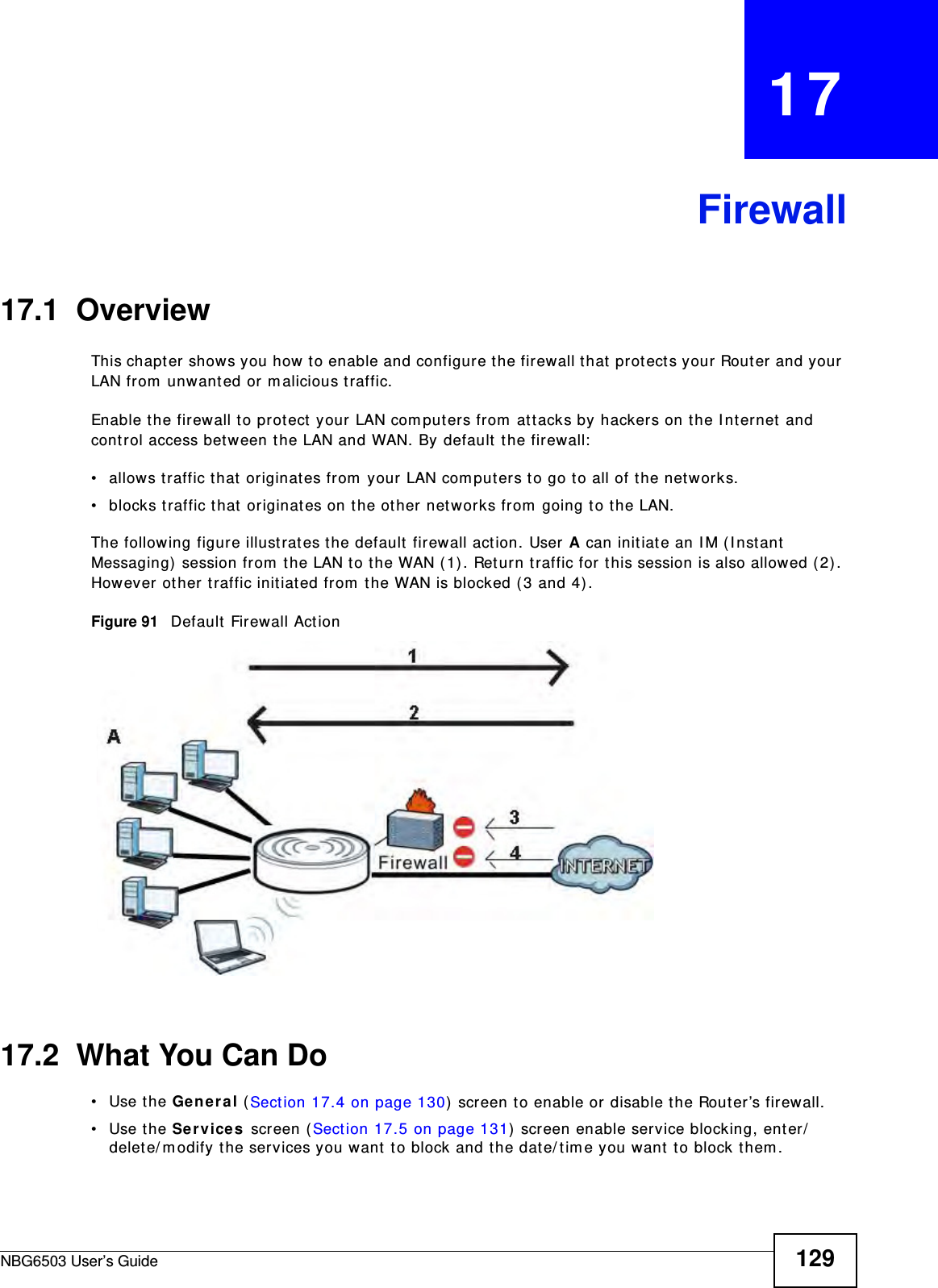 NBG6503 User’s Guide 129CHAPTER   17Firewall17.1  Overview   This chapter shows you how to enable and configure the firewall that protects your Router and your LAN from unwanted or malicious traffic.Enable the firewall to protect your LAN computers from attacks by hackers on the Internet and control access between the LAN and WAN. By default the firewall:• allows traffic that originates from your LAN computers to go to all of the networks. • blocks traffic that originates on the other networks from going to the LAN. The following figure illustrates the default firewall action. User A can initiate an IM (Instant Messaging) session from the LAN to the WAN (1). Return traffic for this session is also allowed (2). However other traffic initiated from the WAN is blocked (3 and 4).Figure 91   Default Firewall Action17.2  What You Can Do•Use the General (Section 17.4 on page 130) screen to enable or disable the Router’s firewall.•Use the Services screen (Section 17.5 on page 131) screen enable service blocking, enter/delete/modify the services you want to block and the date/time you want to block them. 