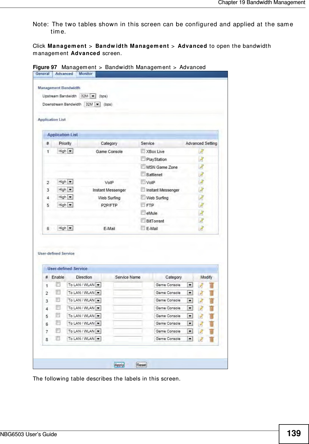 Chapter 19 Bandwidth ManagementNBG6503 User’s Guide 139Note: The two tables shown in this screen can be configured and applied at the same time. Click Management &gt; Bandwidth Management &gt; Advanced to open the bandwidth management Advanced screen.Figure 97   Management &gt; Bandwidth Management &gt; Advanced The following table describes the labels in this screen.