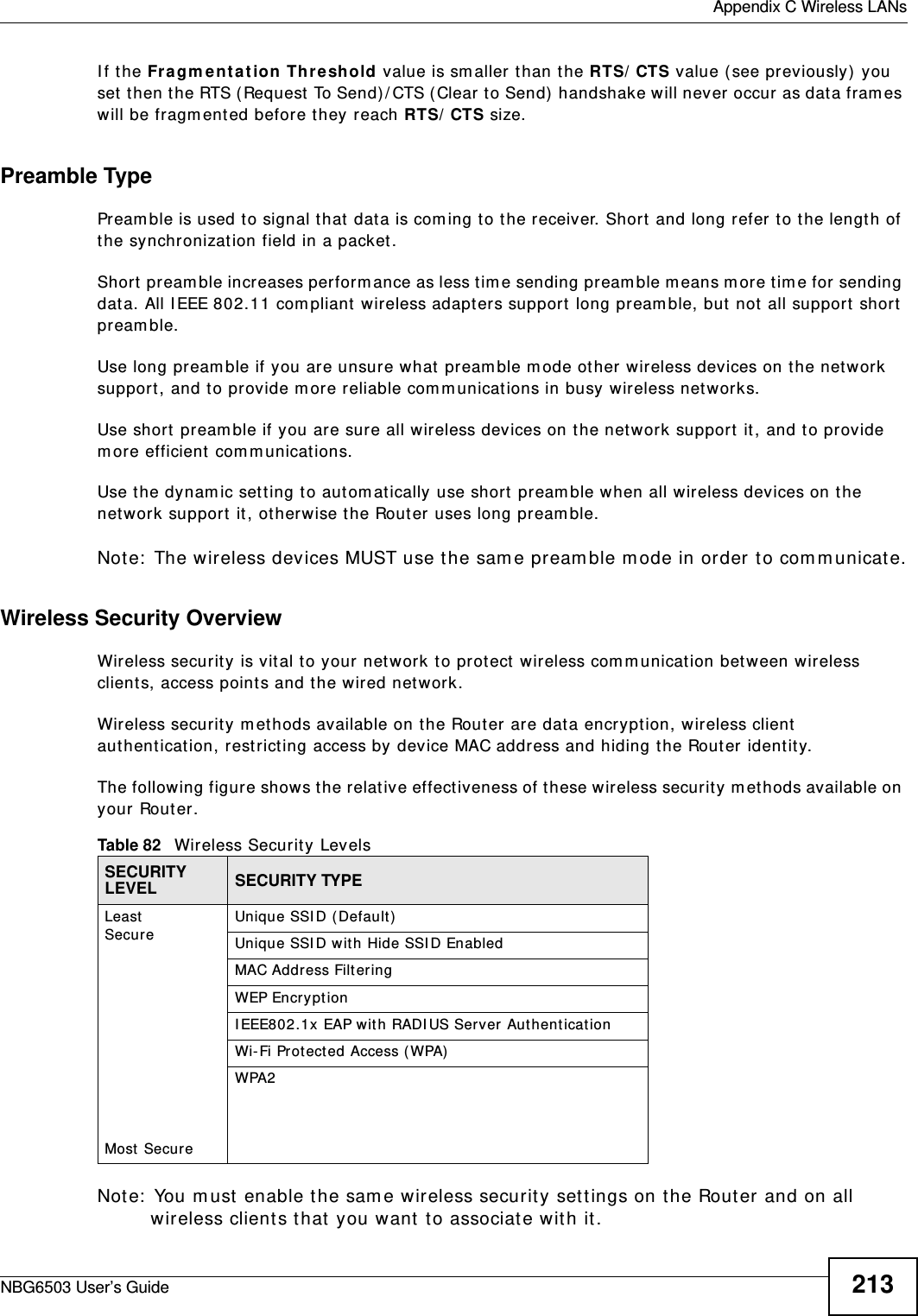  Appendix C Wireless LANsNBG6503 User’s Guide 213If the Fragmentation Threshold value is smaller than the RTS/CTS value (see previously) you set then the RTS (Request To Send)/CTS (Clear to Send) handshake will never occur as data frames will be fragmented before they reach RTS/CTS size.Preamble TypePreamble is used to signal that data is coming to the receiver. Short and long refer to the length of the synchronization field in a packet.Short preamble increases performance as less time sending preamble means more time for sending data. All IEEE 802.11 compliant wireless adapters support long preamble, but not all support short preamble. Use long preamble if you are unsure what preamble mode other wireless devices on the network support, and to provide more reliable communications in busy wireless networks. Use short preamble if you are sure all wireless devices on the network support it, and to provide more efficient communications.Use the dynamic setting to automatically use short preamble when all wireless devices on the network support it, otherwise the Router uses long preamble.Note: The wireless devices MUST use the same preamble mode in order to communicate.Wireless Security OverviewWireless security is vital to your network to protect wireless communication between wireless clients, access points and the wired network.Wireless security methods available on the Router are data encryption, wireless client authentication, restricting access by device MAC address and hiding the Router identity.The following figure shows the relative effectiveness of these wireless security methods available on your Router.Note: You must enable the same wireless security settings on the Router and on all wireless clients that you want to associate with it. Table 82   Wireless Security LevelsSECURITY LEVEL SECURITY TYPELeast       Secure                                                                                  Most SecureUnique SSID (Default)Unique SSID with Hide SSID EnabledMAC Address FilteringWEP EncryptionIEEE802.1x EAP with RADIUS Server AuthenticationWi-Fi Protected Access (WPA)WPA2