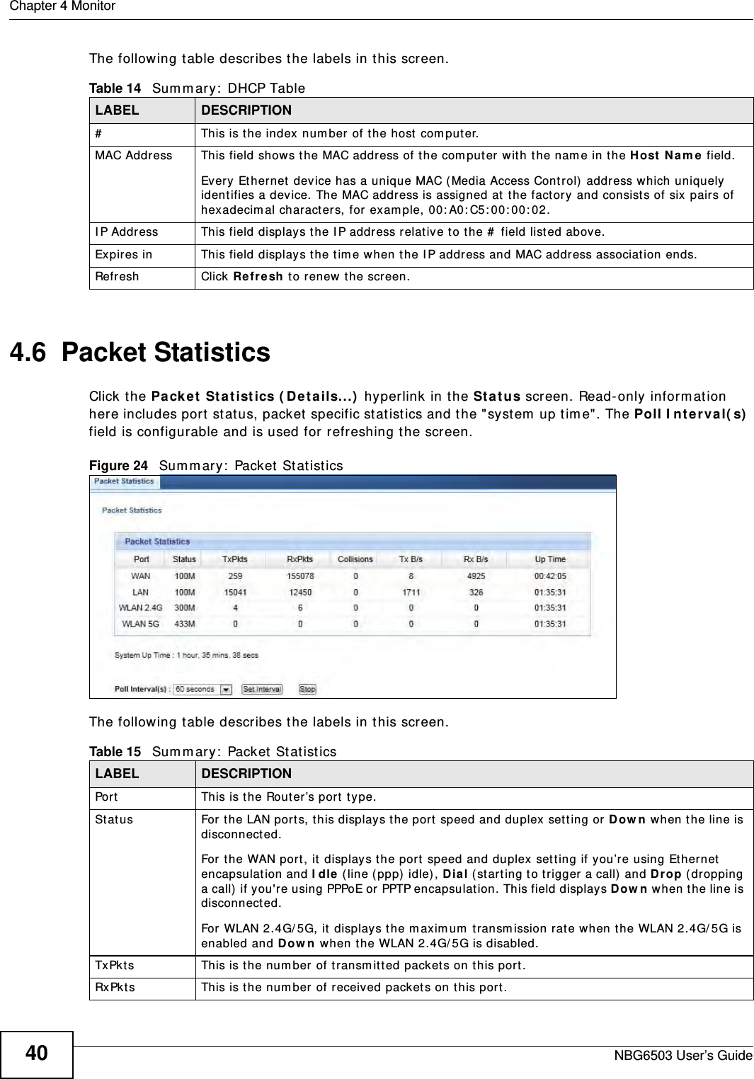 Chapter 4 MonitorNBG6503 User’s Guide40The following table describes the labels in this screen.4.6  Packet Statistics Click the Packet Statistics (Details...) hyperlink in the Status screen. Read-only information here includes port status, packet specific statistics and the &quot;system up time&quot;. The Poll Interval(s) field is configurable and is used for refreshing the screen.Figure 24   Summary: Packet Statistics The following table describes the labels in this screen.Table 14   Summary: DHCP TableLABEL  DESCRIPTION#  This is the index number of the host computer.MAC Address This field shows the MAC address of the computer with the name in the Host Name field.Every Ethernet device has a unique MAC (Media Access Control) address which uniquely identifies a device. The MAC address is assigned at the factory and consists of six pairs of hexadecimal characters, for example, 00:A0:C5:00:00:02.IP Address This field displays the IP address relative to the # field listed above.Expires in This field displays the time when the IP address and MAC address association ends.Refresh Click Refresh to renew the screen. Table 15   Summary: Packet StatisticsLABEL DESCRIPTIONPort This is the Router’s port type.Status  For the LAN ports, this displays the port speed and duplex setting or Down when the line is disconnected.For the WAN port, it displays the port speed and duplex setting if you’re using Ethernet encapsulation and Idle (line (ppp) idle), Dial (starting to trigger a call) and Drop (dropping a call) if you&apos;re using PPPoE or PPTP encapsulation. This field displays Down when the line is disconnected.For WLAN 2.4G/5G, it displays the maximum transmission rate when the WLAN 2.4G/5G is enabled and Down when the WLAN 2.4G/5G is disabled.TxPkts  This is the number of transmitted packets on this port.RxPkts  This is the number of received packets on this port.