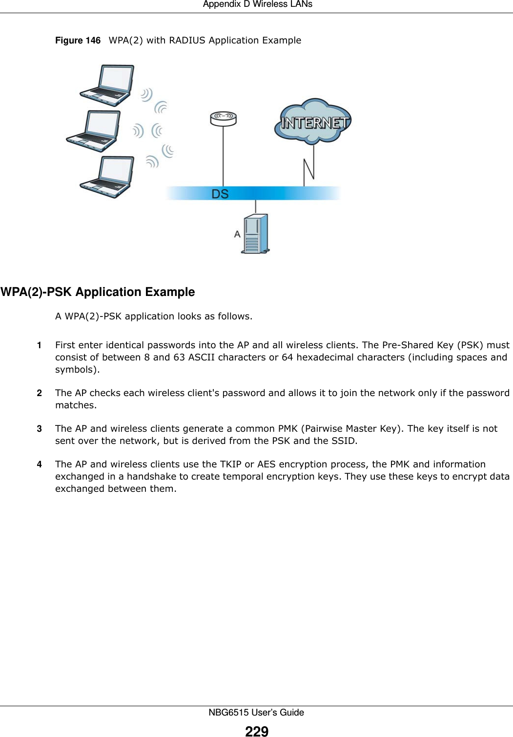  Appendix D Wireless LANsNBG6515 User’s Guide229Figure 146   WPA(2) with RADIUS Application ExampleWPA(2)-PSK Application ExampleA WPA(2)-PSK application looks as follows.1First enter identical passwords into the AP and all wireless clients. The Pre-Shared Key (PSK) must consist of between 8 and 63 ASCII characters or 64 hexadecimal characters (including spaces and symbols).2The AP checks each wireless client&apos;s password and allows it to join the network only if the password matches.3The AP and wireless clients generate a common PMK (Pairwise Master Key). The key itself is not sent over the network, but is derived from the PSK and the SSID. 4The AP and wireless clients use the TKIP or AES encryption process, the PMK and information exchanged in a handshake to create temporal encryption keys. They use these keys to encrypt data exchanged between them.
