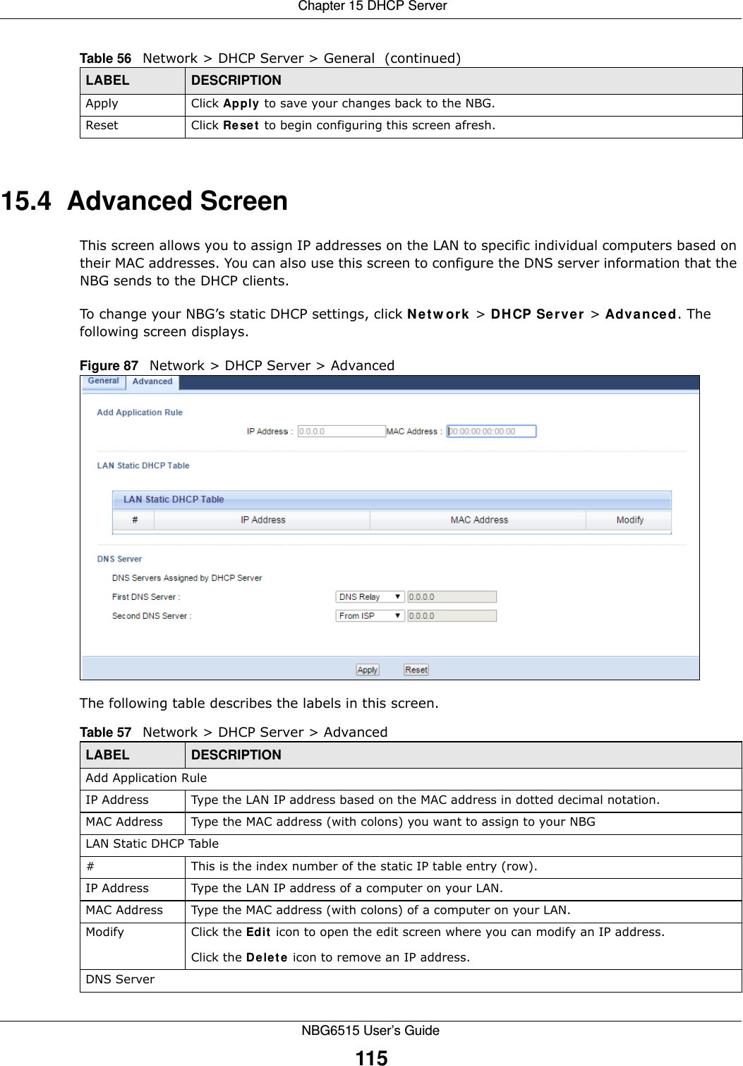  Chapter 15 DHCP ServerNBG6515 User’s Guide11515.4  Advanced Screen    This screen allows you to assign IP addresses on the LAN to specific individual computers based on their MAC addresses. You can also use this screen to configure the DNS server information that the NBG sends to the DHCP clients.To change your NBG’s static DHCP settings, click Network &gt; DHCP Server &gt; Advanced. The following screen displays.Figure 87   Network &gt; DHCP Server &gt; Advanced The following table describes the labels in this screen.Apply Click Apply to save your changes back to the NBG.Reset Click Reset to begin configuring this screen afresh.Table 56   Network &gt; DHCP Server &gt; General  (continued)LABEL DESCRIPTIONTable 57   Network &gt; DHCP Server &gt; AdvancedLABEL DESCRIPTIONAdd Application RuleIP Address Type the LAN IP address based on the MAC address in dotted decimal notation.MAC Address Type the MAC address (with colons) you want to assign to your NBGLAN Static DHCP Table# This is the index number of the static IP table entry (row).IP Address Type the LAN IP address of a computer on your LAN.MAC Address Type the MAC address (with colons) of a computer on your LAN.Modify Click the Edit icon to open the edit screen where you can modify an IP address. Click the Delete icon to remove an IP address.DNS Server
