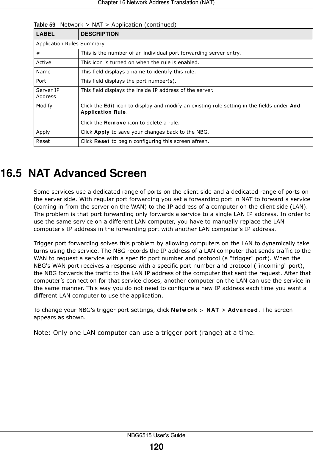Chapter 16 Network Address Translation (NAT)NBG6515 User’s Guide12016.5  NAT Advanced ScreenSome services use a dedicated range of ports on the client side and a dedicated range of ports on the server side. With regular port forwarding you set a forwarding port in NAT to forward a service (coming in from the server on the WAN) to the IP address of a computer on the client side (LAN). The problem is that port forwarding only forwards a service to a single LAN IP address. In order to use the same service on a different LAN computer, you have to manually replace the LAN computer&apos;s IP address in the forwarding port with another LAN computer&apos;s IP address. Trigger port forwarding solves this problem by allowing computers on the LAN to dynamically take turns using the service. The NBG records the IP address of a LAN computer that sends traffic to the WAN to request a service with a specific port number and protocol (a &quot;trigger&quot; port). When the NBG&apos;s WAN port receives a response with a specific port number and protocol (&quot;incoming&quot; port), the NBG forwards the traffic to the LAN IP address of the computer that sent the request. After that computer’s connection for that service closes, another computer on the LAN can use the service in the same manner. This way you do not need to configure a new IP address each time you want a different LAN computer to use the application.To change your NBG’s trigger port settings, click Network &gt; NAT &gt; Advanced. The screen appears as shown.Note: Only one LAN computer can use a trigger port (range) at a time.Application Rules Summary#This is the number of an individual port forwarding server entry.Active This icon is turned on when the rule is enabled. Name This field displays a name to identify this rule.Port This field displays the port number(s). Server IP AddressThis field displays the inside IP address of the server.Modify Click the Edit icon to display and modify an existing rule setting in the fields under Add Application Rule. Click the Remove icon to delete a rule.Apply Click Apply to save your changes back to the NBG.Reset Click Reset to begin configuring this screen afresh.Table 59   Network &gt; NAT &gt; Application (continued)LABEL DESCRIPTION