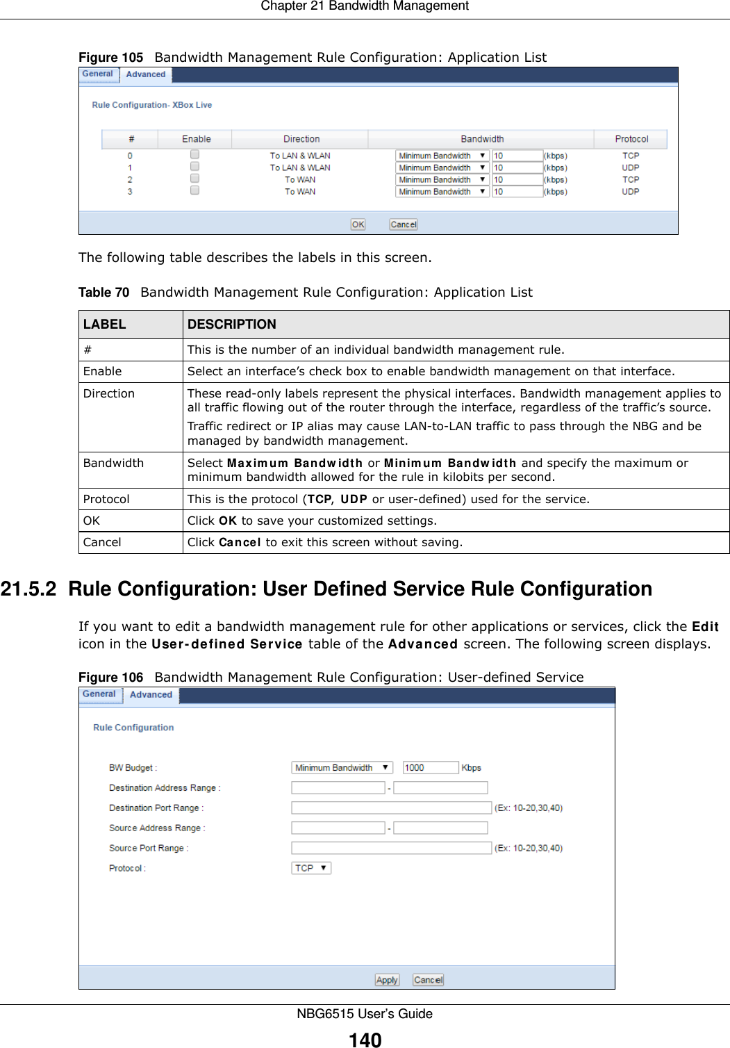 Chapter 21 Bandwidth ManagementNBG6515 User’s Guide140Figure 105   Bandwidth Management Rule Configuration: Application ListThe following table describes the labels in this screen.21.5.2  Rule Configuration: User Defined Service Rule Configuration    If you want to edit a bandwidth management rule for other applications or services, click the Edit icon in the User-defined Service table of the Advanced screen. The following screen displays.Figure 106   Bandwidth Management Rule Configuration: User-defined Service Table 70   Bandwidth Management Rule Configuration: Application ListLABEL DESCRIPTION#This is the number of an individual bandwidth management rule.Enable Select an interface’s check box to enable bandwidth management on that interface. Direction  These read-only labels represent the physical interfaces. Bandwidth management applies to all traffic flowing out of the router through the interface, regardless of the traffic’s source.Traffic redirect or IP alias may cause LAN-to-LAN traffic to pass through the NBG and be managed by bandwidth management.Bandwidth Select Maximum Bandwidth or Minimum Bandwidth and specify the maximum or minimum bandwidth allowed for the rule in kilobits per second. Protocol This is the protocol (TCP, UDP or user-defined) used for the service.OK Click OK to save your customized settings.Cancel Click Cancel to exit this screen without saving.
