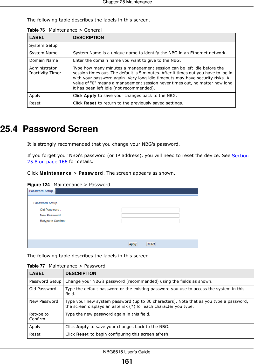  Chapter 25 MaintenanceNBG6515 User’s Guide161The following table describes the labels in this screen.25.4  Password ScreenIt is strongly recommended that you change your NBG&apos;s password. If you forget your NBG&apos;s password (or IP address), you will need to reset the device. See Section 25.8 on page 166 for details.Click Maintenance &gt; Password. The screen appears as shown.Figure 124   Maintenance &gt; Password The following table describes the labels in this screen.Table 76   Maintenance &gt; GeneralLABEL DESCRIPTIONSystem SetupSystem Name System Name is a unique name to identify the NBG in an Ethernet network.Domain Name Enter the domain name you want to give to the NBG.Administrator Inactivity TimerType how many minutes a management session can be left idle before the session times out. The default is 5 minutes. After it times out you have to log in with your password again. Very long idle timeouts may have security risks. A value of &quot;0&quot; means a management session never times out, no matter how long it has been left idle (not recommended).Apply Click Apply to save your changes back to the NBG.Reset Click Reset to return to the previously saved settings.Table 77   Maintenance &gt; PasswordLABEL DESCRIPTIONPassword Setup Change your NBG’s password (recommended) using the fields as shown.Old Password Type the default password or the existing password you use to access the system in this field.New Password Type your new system password (up to 30 characters). Note that as you type a password, the screen displays an asterisk (*) for each character you type.Retype to ConfirmType the new password again in this field.Apply Click Apply to save your changes back to the NBG.Reset Click Reset to begin configuring this screen afresh.
