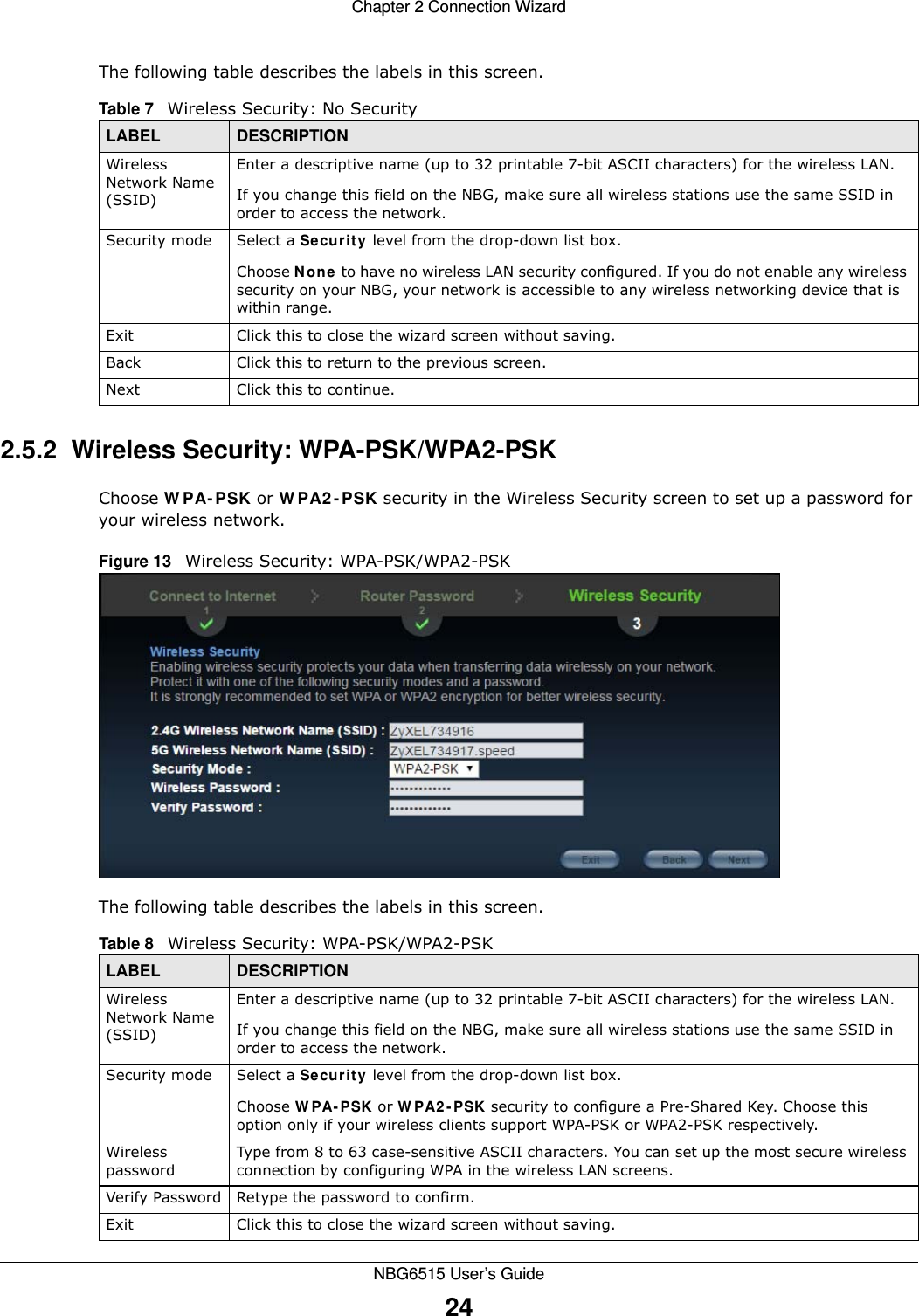 Chapter 2 Connection WizardNBG6515 User’s Guide24The following table describes the labels in this screen.2.5.2  Wireless Security: WPA-PSK/WPA2-PSKChoose WPA-PSK or WPA2-PSK security in the Wireless Security screen to set up a password for your wireless network.Figure 13   Wireless Security: WPA-PSK/WPA2-PSKThe following table describes the labels in this screen. Table 7   Wireless Security: No SecurityLABEL DESCRIPTIONWireless Network Name (SSID)Enter a descriptive name (up to 32 printable 7-bit ASCII characters) for the wireless LAN. If you change this field on the NBG, make sure all wireless stations use the same SSID in order to access the network. Security mode Select a Security level from the drop-down list box. Choose None to have no wireless LAN security configured. If you do not enable any wireless security on your NBG, your network is accessible to any wireless networking device that is within range. Exit Click this to close the wizard screen without saving.Back Click this to return to the previous screen.Next Click this to continue. Table 8   Wireless Security: WPA-PSK/WPA2-PSKLABEL DESCRIPTIONWireless Network Name (SSID)Enter a descriptive name (up to 32 printable 7-bit ASCII characters) for the wireless LAN. If you change this field on the NBG, make sure all wireless stations use the same SSID in order to access the network. Security mode Select a Security level from the drop-down list box.Choose WPA-PSK or WPA2-PSK security to configure a Pre-Shared Key. Choose this option only if your wireless clients support WPA-PSK or WPA2-PSK respectively.Wireless passwordType from 8 to 63 case-sensitive ASCII characters. You can set up the most secure wireless connection by configuring WPA in the wireless LAN screens.Verify Password Retype the password to confirm.Exit Click this to close the wizard screen without saving.