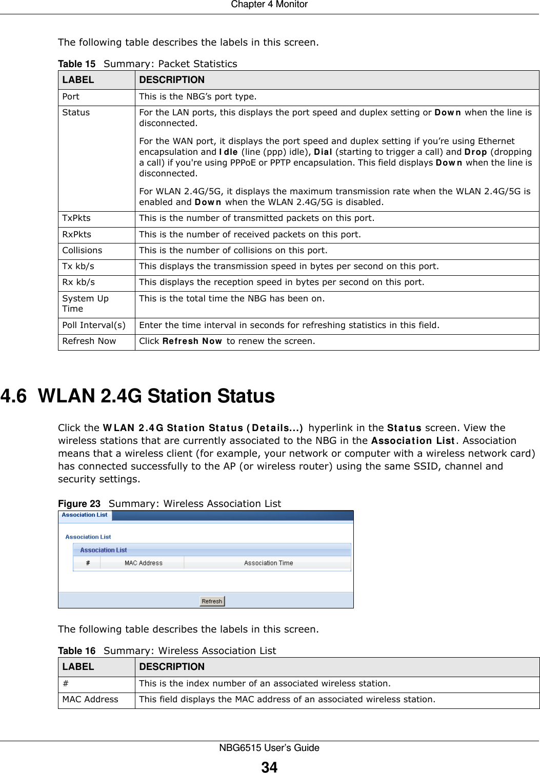 Chapter 4 MonitorNBG6515 User’s Guide34The following table describes the labels in this screen.4.6  WLAN 2.4G Station Status     Click the WLAN 2.4G Station Status (Details...) hyperlink in the Status screen. View the wireless stations that are currently associated to the NBG in the Association List. Association means that a wireless client (for example, your network or computer with a wireless network card) has connected successfully to the AP (or wireless router) using the same SSID, channel and security settings.Figure 23   Summary: Wireless Association ListThe following table describes the labels in this screen.Table 15   Summary: Packet StatisticsLABEL DESCRIPTIONPort This is the NBG’s port type.Status  For the LAN ports, this displays the port speed and duplex setting or Down when the line is disconnected.For the WAN port, it displays the port speed and duplex setting if you’re using Ethernet encapsulation and Idle (line (ppp) idle), Dial (starting to trigger a call) and Drop (dropping a call) if you&apos;re using PPPoE or PPTP encapsulation. This field displays Down when the line is disconnected.For WLAN 2.4G/5G, it displays the maximum transmission rate when the WLAN 2.4G/5G is enabled and Down when the WLAN 2.4G/5G is disabled.TxPkts  This is the number of transmitted packets on this port.RxPkts  This is the number of received packets on this port.Collisions  This is the number of collisions on this port.Tx kb/s  This displays the transmission speed in bytes per second on this port.Rx kb/s This displays the reception speed in bytes per second on this port.System Up TimeThis is the total time the NBG has been on.Poll Interval(s) Enter the time interval in seconds for refreshing statistics in this field.Refresh Now Click Refresh Now to renew the screen.Table 16   Summary: Wireless Association ListLABEL DESCRIPTION#  This is the index number of an associated wireless station. MAC Address  This field displays the MAC address of an associated wireless station.