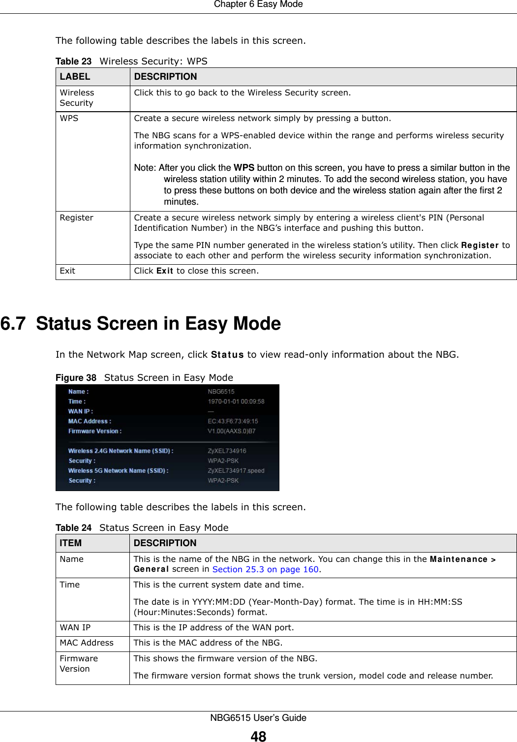 Chapter 6 Easy ModeNBG6515 User’s Guide48The following table describes the labels in this screen.6.7  Status Screen in Easy ModeIn the Network Map screen, click Status to view read-only information about the NBG.Figure 38   Status Screen in Easy Mode The following table describes the labels in this screen. Table 23   Wireless Security: WPSLABEL DESCRIPTIONWireless SecurityClick this to go back to the Wireless Security screen.WPS Create a secure wireless network simply by pressing a button. The NBG scans for a WPS-enabled device within the range and performs wireless security information synchronization. Note: After you click the WPS button on this screen, you have to press a similar button in the wireless station utility within 2 minutes. To add the second wireless station, you have to press these buttons on both device and the wireless station again after the first 2 minutes.Register Create a secure wireless network simply by entering a wireless client&apos;s PIN (Personal Identification Number) in the NBG’s interface and pushing this button.Type the same PIN number generated in the wireless station’s utility. Then click Register to associate to each other and perform the wireless security information synchronization.Exit Click Exit to close this screen.Table 24   Status Screen in Easy ModeITEM DESCRIPTIONName This is the name of the NBG in the network. You can change this in the Maintenance &gt; General screen in Section 25.3 on page 160.Time This is the current system date and time.The date is in YYYY:MM:DD (Year-Month-Day) format. The time is in HH:MM:SS (Hour:Minutes:Seconds) format.WAN IP This is the IP address of the WAN port.MAC Address This is the MAC address of the NBG.Firmware VersionThis shows the firmware version of the NBG. The firmware version format shows the trunk version, model code and release number.