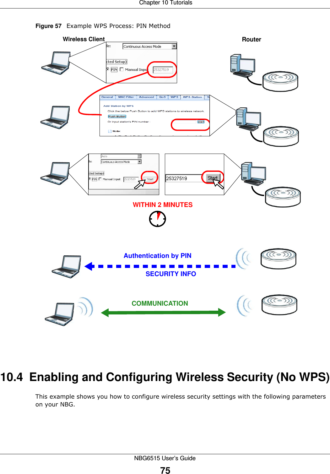  Chapter 10 TutorialsNBG6515 User’s Guide75Figure 57   Example WPS Process: PIN Method10.4  Enabling and Configuring Wireless Security (No WPS)This example shows you how to configure wireless security settings with the following parameters on your NBG.Authentication by PINSECURITY INFOWITHIN 2 MINUTESWireless ClientRouterCOMMUNICATION