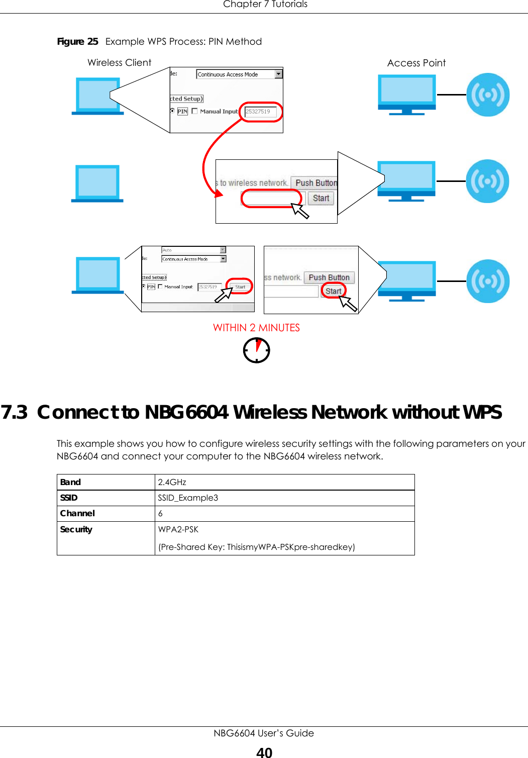  Chapter 7 TutorialsNBG6604 User’s Guide40Figure 25   Example WPS Process: PIN Method7.3  Connect to NBG6604 Wireless Network without WPSThis example shows you how to configure wireless security settings with the following parameters on your NBG6604 and connect your computer to the NBG6604 wireless network.WITHIN 2 MINUTESWireless ClientAccess PointBand 2.4GHzSSID SSID_Example3Channel 6Security  WPA2-PSK(Pre-Shared Key: ThisismyWPA-PSKpre-sharedkey)