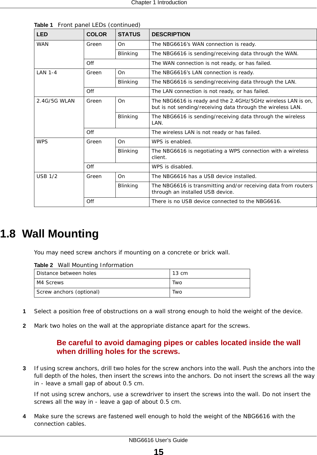 Chapter 1 IntroductionNBG6616 User’s Guide151.8  Wall MountingYou may need screw anchors if mounting on a concrete or brick wall.1Select a position free of obstructions on a wall strong enough to hold the weight of the device. 2Mark two holes on the wall at the appropriate distance apart for the screws.Be careful to avoid damaging pipes or cables located inside the wall when drilling holes for the screws.3If using screw anchors, drill two holes for the screw anchors into the wall. Push the anchors into the full depth of the holes, then insert the screws into the anchors. Do not insert the screws all the way in - leave a small gap of about 0.5 cm.If not using screw anchors, use a screwdriver to insert the screws into the wall. Do not insert the screws all the way in - leave a gap of about 0.5 cm.4Make sure the screws are fastened well enough to hold the weight of the NBG6616 with the connection cables. WAN Green On The NBG6616’s WAN connection is ready. Blinking The NBG6616 is sending/receiving data through the WAN.Off The WAN connection is not ready, or has failed.LAN 1-4 Green On The NBG6616’s LAN connection is ready. Blinking The NBG6616 is sending/receiving data through the LAN.Off The LAN connection is not ready, or has failed.2.4G/5G WLAN Green On The NBG6616 is ready and the 2.4GHz/5GHz wireless LAN is on, but is not sending/receiving data through the wireless LAN. Blinking The NBG6616 is sending/receiving data through the wireless LAN.Off The wireless LAN is not ready or has failed.WPS Green On WPS is enabled.Blinking The NBG6616 is negotiating a WPS connection with a wireless client.Off WPS is disabled.USB 1/2 Green On The NBG6616 has a USB device installed.Blinking The NBG6616 is transmitting and/or receiving data from routers through an installed USB device.Off There is no USB device connected to the NBG6616.Table 1   Front panel LEDs (continued)LED COLOR STATUS DESCRIPTIONTable 2   Wall Mounting InformationDistance between holes 13 cmM4 Screws TwoScrew anchors (optional) Two