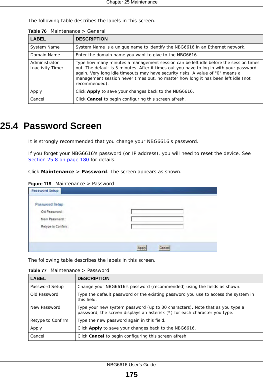  Chapter 25 MaintenanceNBG6616 User’s Guide175The following table describes the labels in this screen.25.4  Password ScreenIt is strongly recommended that you change your NBG6616&apos;s password. If you forget your NBG6616&apos;s password (or IP address), you will need to reset the device. See Section 25.8 on page 180 for details.Click Maintenance &gt; Password. The screen appears as shown.Figure 119   Maintenance &gt; Password The following table describes the labels in this screen.Table 76   Maintenance &gt; GeneralLABEL DESCRIPTIONSystem Name System Name is a unique name to identify the NBG6616 in an Ethernet network.Domain Name Enter the domain name you want to give to the NBG6616.Administrator Inactivity Timer Type how many minutes a management session can be left idle before the session times out. The default is 5 minutes. After it times out you have to log in with your password again. Very long idle timeouts may have security risks. A value of &quot;0&quot; means a management session never times out, no matter how long it has been left idle (not recommended).Apply Click Apply to save your changes back to the NBG6616.Cancel Click Cancel to begin configuring this screen afresh.Table 77   Maintenance &gt; PasswordLABEL DESCRIPTIONPassword Setup Change your NBG6616’s password (recommended) using the fields as shown.Old Password Type the default password or the existing password you use to access the system in this field.New Password Type your new system password (up to 30 characters). Note that as you type a password, the screen displays an asterisk (*) for each character you type.Retype to Confirm Type the new password again in this field.Apply Click Apply to save your changes back to the NBG6616.Cancel Click Cancel to begin configuring this screen afresh.