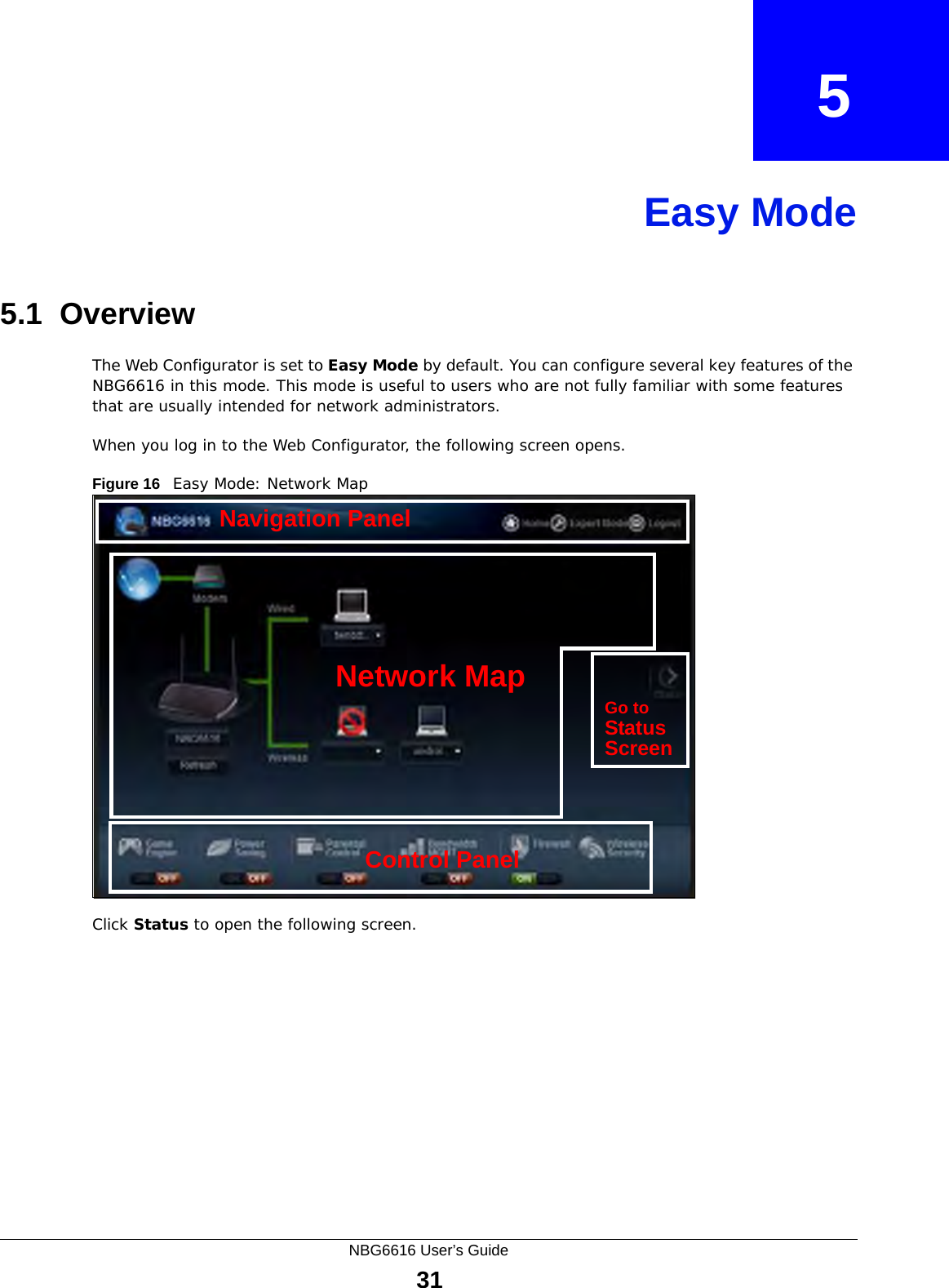 NBG6616 User’s Guide31CHAPTER   5Easy Mode5.1  OverviewThe Web Configurator is set to Easy Mode by default. You can configure several key features of the NBG6616 in this mode. This mode is useful to users who are not fully familiar with some features that are usually intended for network administrators.When you log in to the Web Configurator, the following screen opens.Figure 16   Easy Mode: Network Map Click Status to open the following screen.Network MapControl PanelGo toStatusScreenNavigation Panel