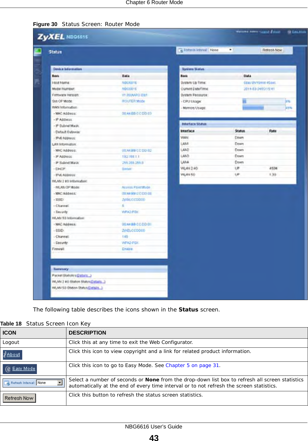  Chapter 6 Router ModeNBG6616 User’s Guide43Figure 30   Status Screen: Router Mode The following table describes the icons shown in the Status screen.Table 18   Status Screen Icon KeyICON DESCRIPTIONLogout Click this at any time to exit the Web Configurator.Click this icon to view copyright and a link for related product information.Click this icon to go to Easy Mode. See Chapter 5 on page 31.Select a number of seconds or None from the drop-down list box to refresh all screen statistics automatically at the end of every time interval or to not refresh the screen statistics.Click this button to refresh the status screen statistics.