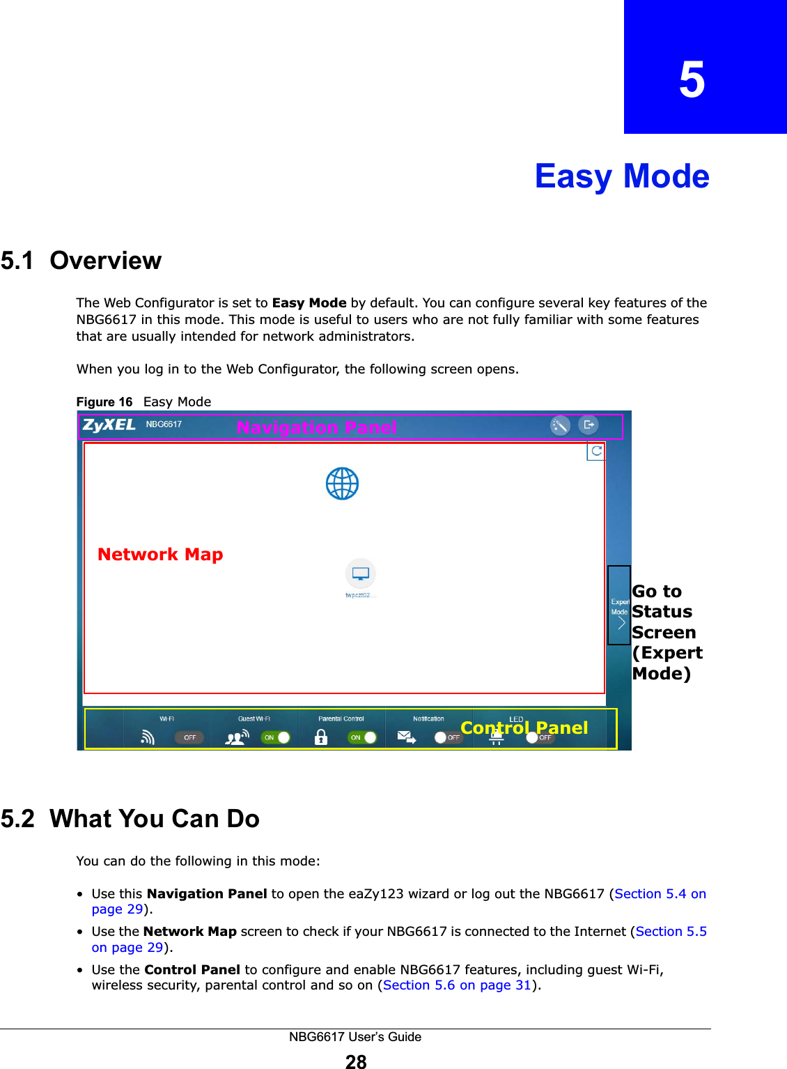 NBG6617 User’s Guide28CHAPTER   5Easy Mode5.1  OverviewThe Web Configurator is set to Easy Mode by default. You can configure several key features of the NBG6617 in this mode. This mode is useful to users who are not fully familiar with some features that are usually intended for network administrators.When you log in to the Web Configurator, the following screen opens.Figure 16   Easy Mode 5.2  What You Can DoYou can do the following in this mode:• Use this Navigation Panel to open the eaZy123 wizard or log out the NBG6617 (Section 5.4 on page 29).•Use the Network Map screen to check if your NBG6617 is connected to the Internet (Section 5.5 on page 29).•Use the Control Panel to configure and enable NBG6617 features, including guest Wi-Fi, wireless security, parental control and so on (Section 5.6 on page 31).Network MapNavigation PanelControl PanelGo toStatusScreen(ExpertMode)