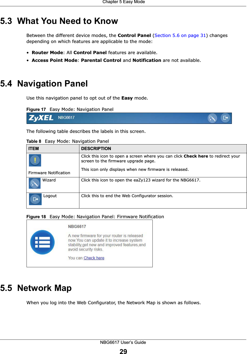  Chapter 5 Easy ModeNBG6617 User’s Guide295.3  What You Need to KnowBetween the different device modes, the Control Panel (Section 5.6 on page 31) changes depending on which features are applicable to the mode:•Router Mode: All Control Panel features are available.•Access Point Mode: Parental Control and Notification are not available.5.4  Navigation PanelUse this navigation panel to opt out of the Easy mode.Figure 17   Easy Mode: Navigation PanelThe following table describes the labels in this screen.Figure 18   Easy Mode: Navigation Panel: Firmware Notification5.5  Network MapWhen you log into the Web Configurator, the Network Map is shown as follows.Table 8   Easy Mode: Navigation PanelITEM DESCRIPTION            Firmware Notification Click this icon to open a screen where you can click Check here to redirect your screen to the firmware upgrade page.This icon only displays when new firmware is released. Wizard Click this icon to open the eaZy123 wizard for the NBG6617.   Logout Click this to end the Web Configurator session.