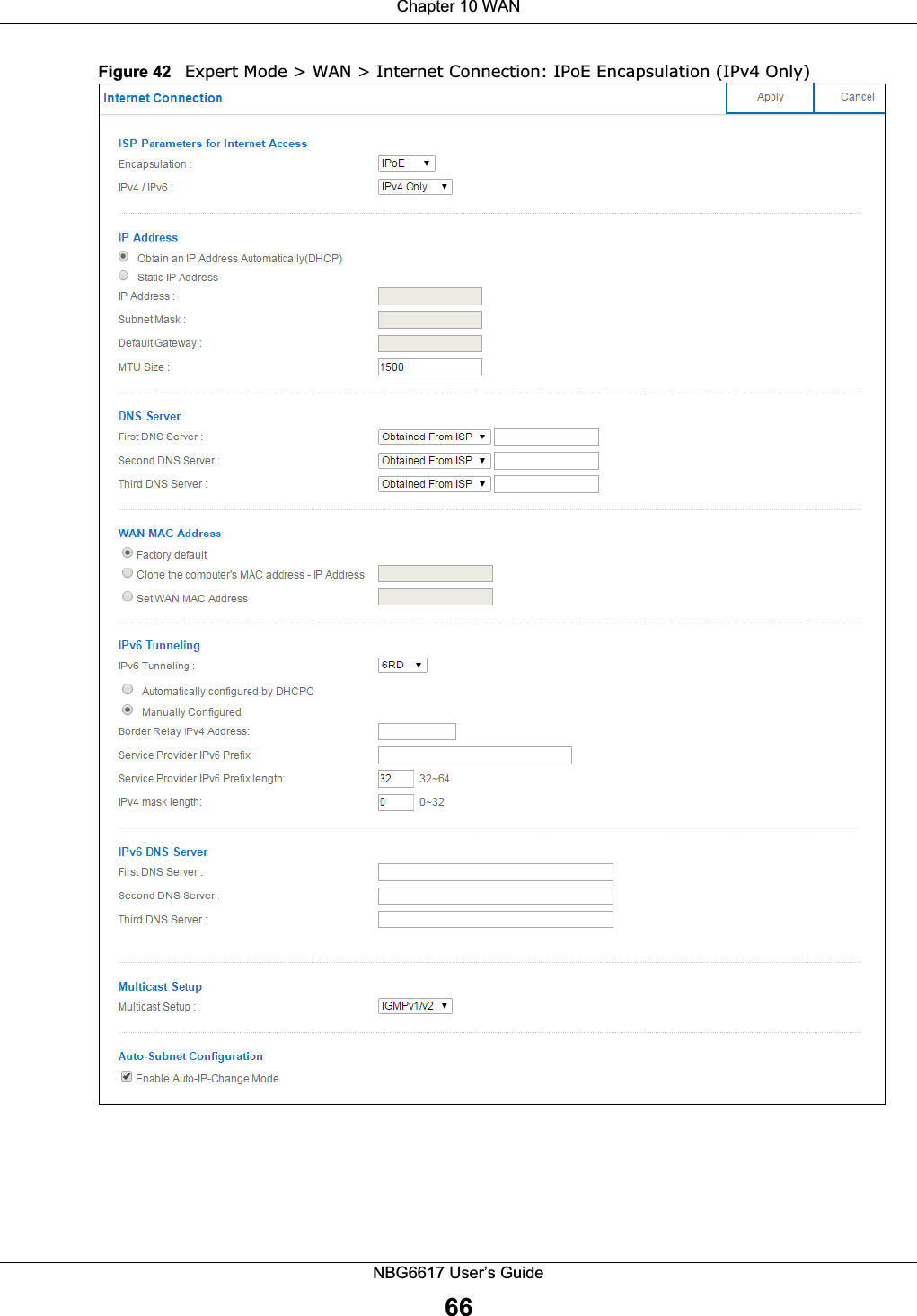 Chapter 10 WANNBG6617 User’s Guide66Figure 42   Expert Mode &gt; WAN &gt; Internet Connection: IPoE Encapsulation (IPv4 Only) 