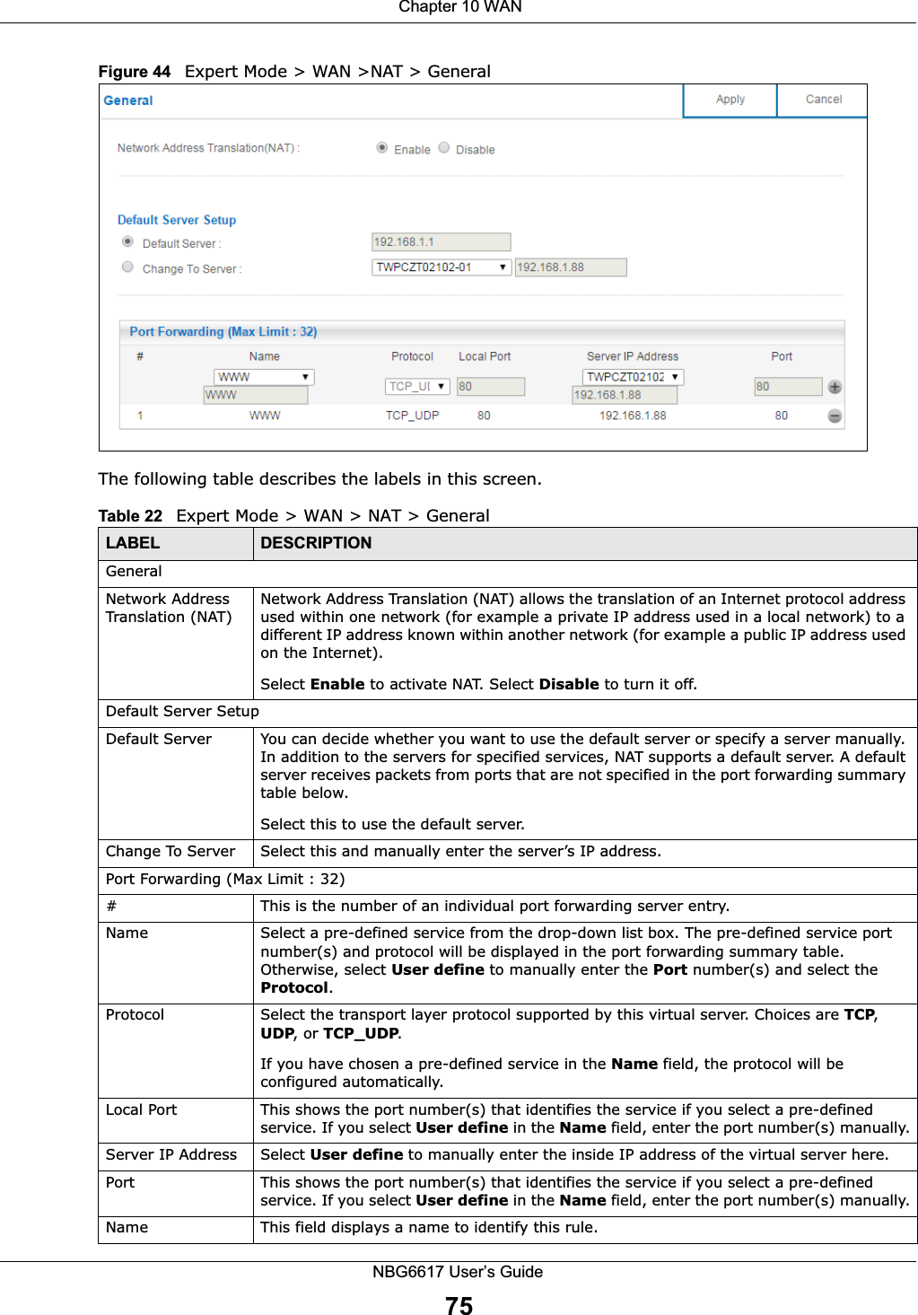  Chapter 10 WANNBG6617 User’s Guide75Figure 44   Expert Mode &gt; WAN &gt;NAT &gt; General The following table describes the labels in this screen.Table 22   Expert Mode &gt; WAN &gt; NAT &gt; GeneralLABEL DESCRIPTIONGeneralNetwork Address Translation (NAT)Network Address Translation (NAT) allows the translation of an Internet protocol address used within one network (for example a private IP address used in a local network) to a different IP address known within another network (for example a public IP address used on the Internet). Select Enable to activate NAT. Select Disable to turn it off.Default Server SetupDefault Server You can decide whether you want to use the default server or specify a server manually. In addition to the servers for specified services, NAT supports a default server. A default server receives packets from ports that are not specified in the port forwarding summary table below. Select this to use the default server. Change To Server  Select this and manually enter the server’s IP address.Port Forwarding (Max Limit : 32)#This is the number of an individual port forwarding server entry.Name Select a pre-defined service from the drop-down list box. The pre-defined service port number(s) and protocol will be displayed in the port forwarding summary table. Otherwise, select User define to manually enter the Port number(s) and select the  Protocol.Protocol Select the transport layer protocol supported by this virtual server. Choices are TCP, UDP, or TCP_UDP. If you have chosen a pre-defined service in the Name field, the protocol will be configured automatically.Local Port This shows the port number(s) that identifies the service if you select a pre-defined service. If you select User define in the Name field, enter the port number(s) manually.Server IP Address Select User define to manually enter the inside IP address of the virtual server here.Port This shows the port number(s) that identifies the service if you select a pre-defined service. If you select User define in the Name field, enter the port number(s) manually.Name This field displays a name to identify this rule.