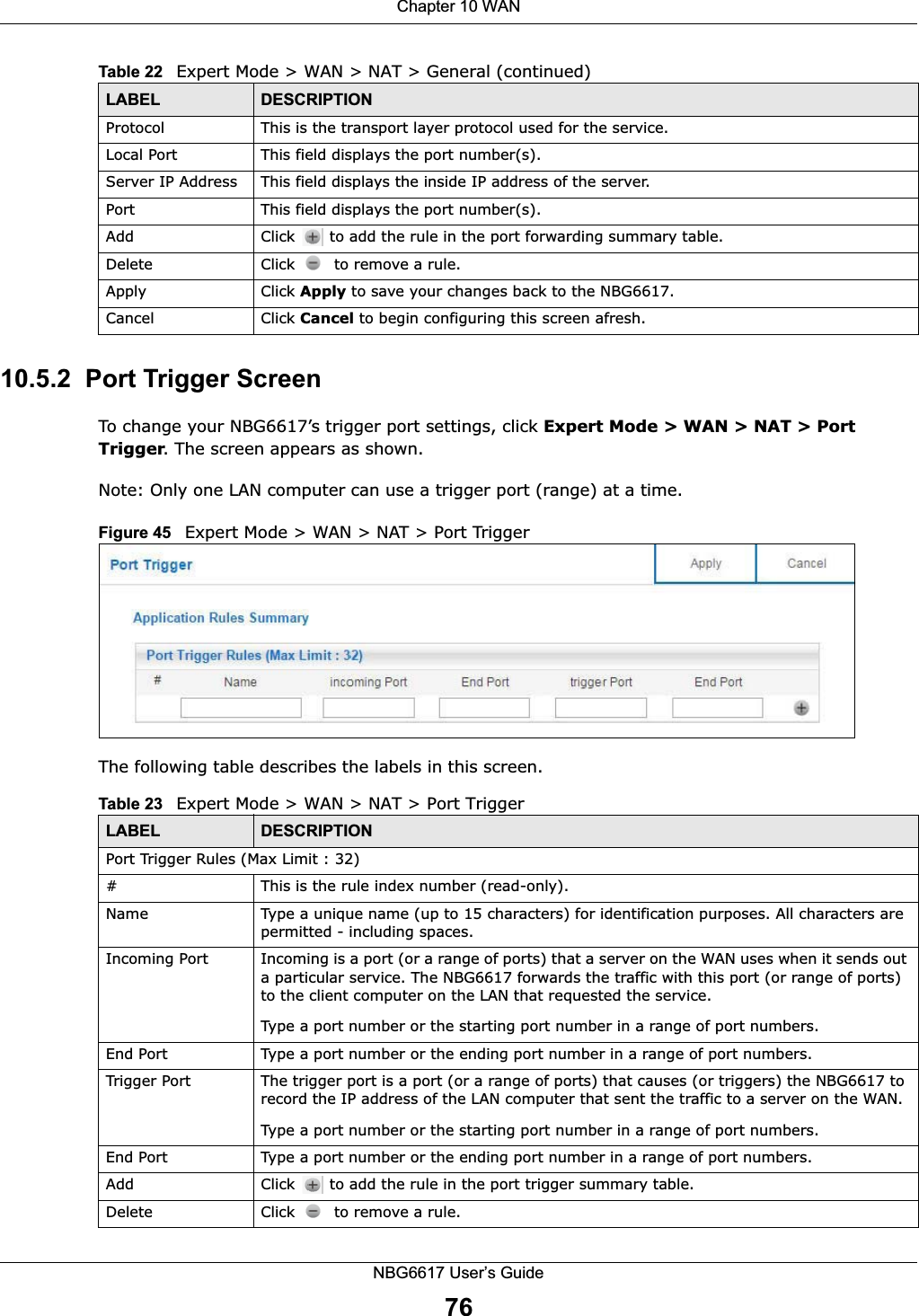 Chapter 10 WANNBG6617 User’s Guide7610.5.2  Port Trigger ScreenTo change your NBG6617’s trigger port settings, click Expert Mode &gt; WAN &gt; NAT &gt; Port Trigger. The screen appears as shown.Note: Only one LAN computer can use a trigger port (range) at a time.Figure 45   Expert Mode &gt; WAN &gt; NAT &gt; Port TriggerThe following table describes the labels in this screen.Protocol This is the transport layer protocol used for the service.Local Port This field displays the port number(s). Server IP Address This field displays the inside IP address of the server.Port This field displays the port number(s). Add Click   to add the rule in the port forwarding summary table.Delete Click   to remove a rule.Apply Click Apply to save your changes back to the NBG6617.Cancel Click Cancel to begin configuring this screen afresh.Table 22   Expert Mode &gt; WAN &gt; NAT &gt; General (continued)LABEL DESCRIPTIONTable 23   Expert Mode &gt; WAN &gt; NAT &gt; Port TriggerLABEL DESCRIPTIONPort Trigger Rules (Max Limit : 32)#This is the rule index number (read-only).Name Type a unique name (up to 15 characters) for identification purposes. All characters are permitted - including spaces.Incoming Port Incoming is a port (or a range of ports) that a server on the WAN uses when it sends out a particular service. The NBG6617 forwards the traffic with this port (or range of ports) to the client computer on the LAN that requested the service. Type a port number or the starting port number in a range of port numbers.End Port Type a port number or the ending port number in a range of port numbers.Trigger Port The trigger port is a port (or a range of ports) that causes (or triggers) the NBG6617 to record the IP address of the LAN computer that sent the traffic to a server on the WAN.Type a port number or the starting port number in a range of port numbers.End Port Type a port number or the ending port number in a range of port numbers.Add Click   to add the rule in the port trigger summary table.Delete Click   to remove a rule.