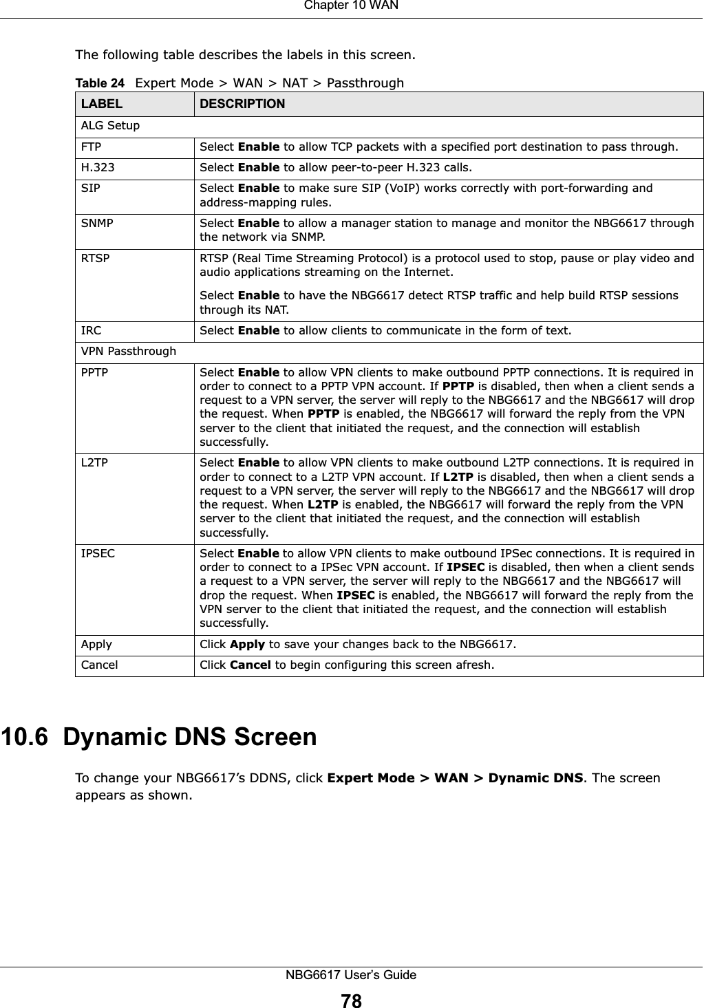 Chapter 10 WANNBG6617 User’s Guide78The following table describes the labels in this screen.10.6  Dynamic DNS ScreenTo change your NBG6617’s DDNS, click Expert Mode &gt; WAN &gt; Dynamic DNS. The screen appears as shown.Table 24   Expert Mode &gt; WAN &gt; NAT &gt; PassthroughLABEL DESCRIPTIONALG SetupFTP Select Enable to allow TCP packets with a specified port destination to pass through.H.323 Select Enable to allow peer-to-peer H.323 calls.SIP Select Enable to make sure SIP (VoIP) works correctly with port-forwarding and address-mapping rules.SNMP Select Enable to allow a manager station to manage and monitor the NBG6617 through the network via SNMP. RTSP RTSP (Real Time Streaming Protocol) is a protocol used to stop, pause or play video and audio applications streaming on the Internet.Select Enable to have the NBG6617 detect RTSP traffic and help build RTSP sessions through its NAT.IRC Select Enable to allow clients to communicate in the form of text.VPN Passthrough PPTP Select Enable to allow VPN clients to make outbound PPTP connections. It is required in order to connect to a PPTP VPN account. If PPTP is disabled, then when a client sends a request to a VPN server, the server will reply to the NBG6617 and the NBG6617 will drop the request. When PPTP is enabled, the NBG6617 will forward the reply from the VPN server to the client that initiated the request, and the connection will establish successfully.L2TP Select Enable to allow VPN clients to make outbound L2TP connections. It is required in order to connect to a L2TP VPN account. If L2TP is disabled, then when a client sends a request to a VPN server, the server will reply to the NBG6617 and the NBG6617 will drop the request. When L2TP is enabled, the NBG6617 will forward the reply from the VPN server to the client that initiated the request, and the connection will establish successfully.IPSEC Select Enable to allow VPN clients to make outbound IPSec connections. It is required in order to connect to a IPSec VPN account. If IPSEC is disabled, then when a client sends a request to a VPN server, the server will reply to the NBG6617 and the NBG6617 will drop the request. When IPSEC is enabled, the NBG6617 will forward the reply from the VPN server to the client that initiated the request, and the connection will establish successfully.Apply Click Apply to save your changes back to the NBG6617.Cancel Click Cancel to begin configuring this screen afresh.