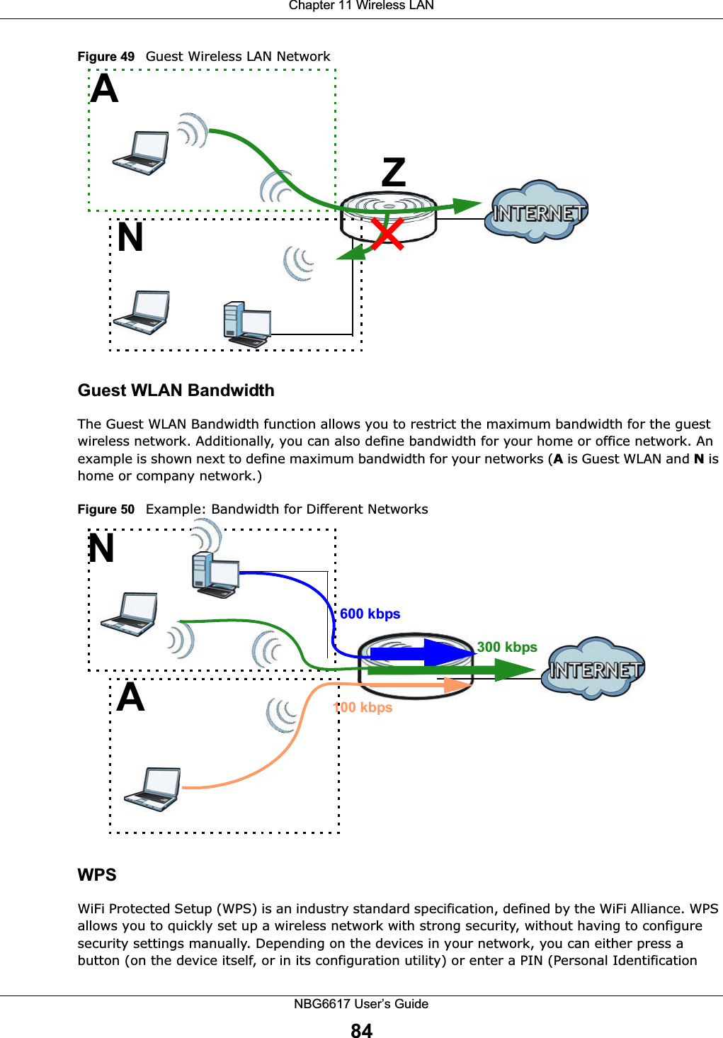 Chapter 11 Wireless LANNBG6617 User’s Guide84Figure 49   Guest Wireless LAN NetworkGuest WLAN BandwidthThe Guest WLAN Bandwidth function allows you to restrict the maximum bandwidth for the guest wireless network. Additionally, you can also define bandwidth for your home or office network. An example is shown next to define maximum bandwidth for your networks (A is Guest WLAN and N is home or company network.)Figure 50   Example: Bandwidth for Different NetworksWPSWiFi Protected Setup (WPS) is an industry standard specification, defined by the WiFi Alliance. WPS allows you to quickly set up a wireless network with strong security, without having to configure security settings manually. Depending on the devices in your network, you can either press a button (on the device itself, or in its configuration utility) or enter a PIN (Personal Identification NAZ600 kbps100 kbps300 kbpsNA