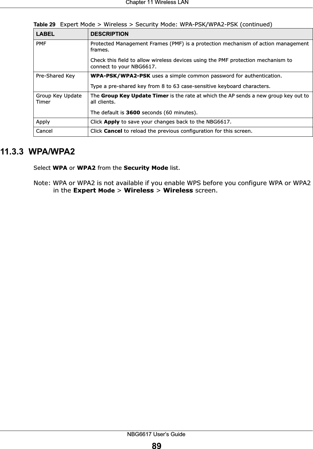  Chapter 11 Wireless LANNBG6617 User’s Guide8911.3.3  WPA/WPA2Select WPA or WPA2 from the Security Mode list. Note: WPA or WPA2 is not available if you enable WPS before you configure WPA or WPA2 in the Expert Mode &gt; Wireless &gt; Wireless screen.PMF Protected Management Frames (PMF) is a protection mechanism of action management frames.Check this field to allow wireless devices using the PMF protection mechanism to connect to your NBG6617.Pre-Shared Key  WPA-PSK/WPA2-PSK uses a simple common password for authentication.Type a pre-shared key from 8 to 63 case-sensitive keyboard characters.Group Key Update TimerThe Group Key Update Timer is the rate at which the AP sends a new group key out to all clients. The default is 3600 seconds (60 minutes).Apply Click Apply to save your changes back to the NBG6617.Cancel Click Cancel to reload the previous configuration for this screen.Table 29   Expert Mode &gt; Wireless &gt; Security Mode: WPA-PSK/WPA2-PSK (continued)LABEL DESCRIPTION