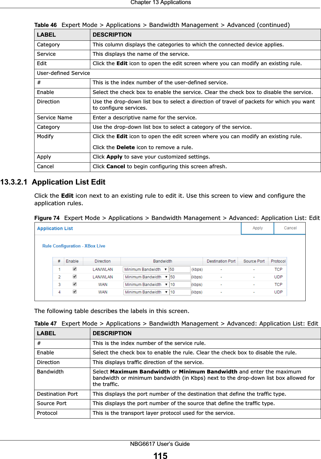  Chapter 13 ApplicationsNBG6617 User’s Guide11513.3.2.1  Application List Edit Click the Edit icon next to an existing rule to edit it. Use this screen to view and configure the application rules.Figure 74   Expert Mode &gt; Applications &gt; Bandwidth Management &gt; Advanced: Application List: EditThe following table describes the labels in this screen.Category This column displays the categories to which the connected device applies.Service This displays the name of the service.Edit Click the Edit icon to open the edit screen where you can modify an existing rule. User-defined Service#This is the index number of the user-defined service.Enable Select the check box to enable the service. Clear the check box to disable the service.Direction Use the drop-down list box to select a direction of travel of packets for which you want to configure services.Service Name Enter a descriptive name for the service.Category Use the drop-down list box to select a category of the service.Modify Click the Edit icon to open the edit screen where you can modify an existing rule. Click the Delete icon to remove a rule.Apply Click Apply to save your customized settings.Cancel Click Cancel to begin configuring this screen afresh.Table 46   Expert Mode &gt; Applications &gt; Bandwidth Management &gt; Advanced (continued)LABEL DESCRIPTIONTable 47   Expert Mode &gt; Applications &gt; Bandwidth Management &gt; Advanced: Application List: EditLABEL DESCRIPTION#This is the index number of the service rule.Enable Select the check box to enable the rule. Clear the check box to disable the rule.Direction This displays traffic direction of the service.Bandwidth Select Maximum Bandwidth or Minimum Bandwidth and enter the maximum bandwidth or minimum bandwidth (in Kbps) next to the drop-down list box allowed for the traffic.Destination Port This displays the port number of the destination that define the traffic type.Source Port This displays the port number of the source that define the traffic type.Protocol This is the transport layer protocol used for the service.