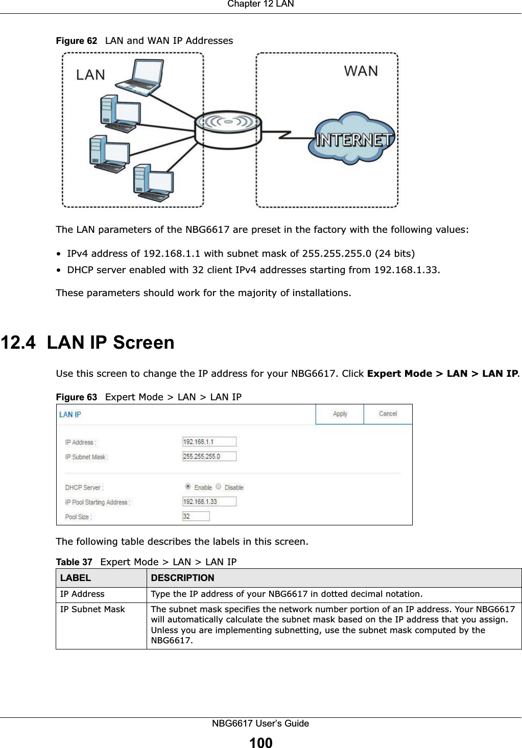 Chapter 12 LANNBG6617 User’s Guide100Figure 62   LAN and WAN IP AddressesThe LAN parameters of the NBG6617 are preset in the factory with the following values:• IPv4 address of 192.168.1.1 with subnet mask of 255.255.255.0 (24 bits)• DHCP server enabled with 32 client IPv4 addresses starting from 192.168.1.33. These parameters should work for the majority of installations.12.4  LAN IP ScreenUse this screen to change the IP address for your NBG6617. Click Expert Mode &gt; LAN &gt; LAN IP.Figure 63   Expert Mode &gt; LAN &gt; LAN IP The following table describes the labels in this screen.Table 37   Expert Mode &gt; LAN &gt; LAN IPLABEL DESCRIPTIONIP Address Type the IP address of your NBG6617 in dotted decimal notation.IP Subnet Mask The subnet mask specifies the network number portion of an IP address. Your NBG6617 will automatically calculate the subnet mask based on the IP address that you assign. Unless you are implementing subnetting, use the subnet mask computed by the NBG6617.