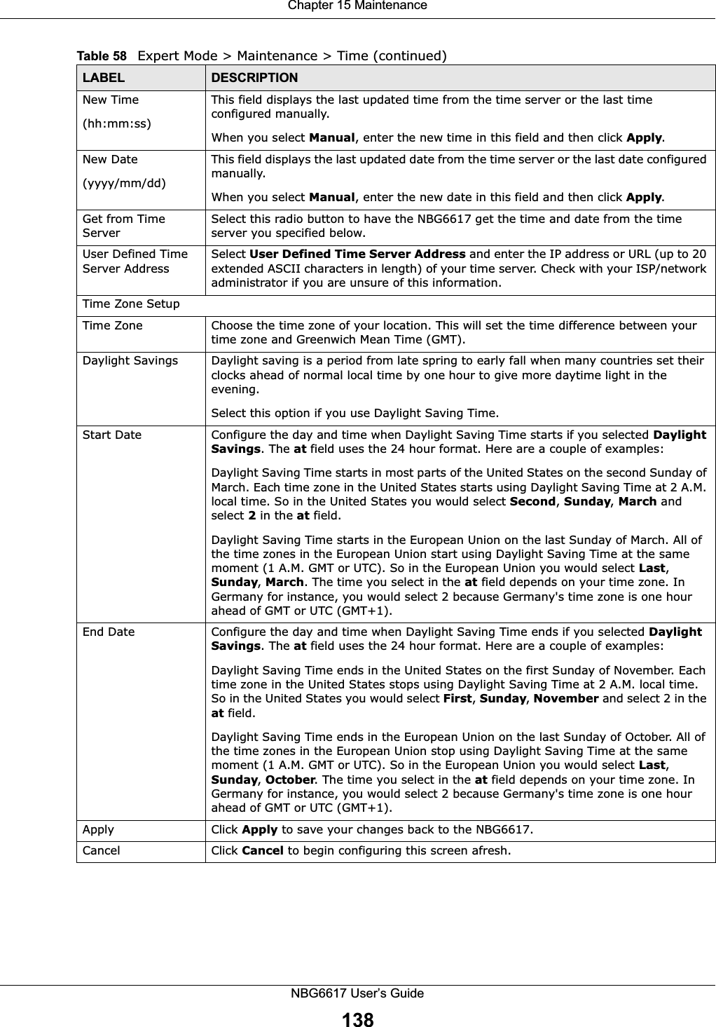 Chapter 15 MaintenanceNBG6617 User’s Guide138New Time(hh:mm:ss)This field displays the last updated time from the time server or the last time configured manually.When you select Manual, enter the new time in this field and then click Apply. New Date (yyyy/mm/dd)This field displays the last updated date from the time server or the last date configured manually.When you select Manual, enter the new date in this field and then click Apply.Get from Time ServerSelect this radio button to have the NBG6617 get the time and date from the time server you specified below.User Defined Time Server Address Select User Defined Time Server Address and enter the IP address or URL (up to 20 extended ASCII characters in length) of your time server. Check with your ISP/network administrator if you are unsure of this information.Time Zone SetupTime Zone Choose the time zone of your location. This will set the time difference between your time zone and Greenwich Mean Time (GMT). Daylight Savings Daylight saving is a period from late spring to early fall when many countries set their clocks ahead of normal local time by one hour to give more daytime light in the evening.Select this option if you use Daylight Saving Time.Start Date Configure the day and time when Daylight Saving Time starts if you selected Daylight Savings. The at field uses the 24 hour format. Here are a couple of examples:Daylight Saving Time starts in most parts of the United States on the second Sunday of March. Each time zone in the United States starts using Daylight Saving Time at 2 A.M. local time. So in the United States you would select Second, Sunday, March and select 2 in the at field.Daylight Saving Time starts in the European Union on the last Sunday of March. All of the time zones in the European Union start using Daylight Saving Time at the same moment (1 A.M. GMT or UTC). So in the European Union you would select Last, Sunday, March. The time you select in the at field depends on your time zone. In Germany for instance, you would select 2 because Germany&apos;s time zone is one hour ahead of GMT or UTC (GMT+1). End Date Configure the day and time when Daylight Saving Time ends if you selected Daylight Savings. The at field uses the 24 hour format. Here are a couple of examples:Daylight Saving Time ends in the United States on the first Sunday of November. Each time zone in the United States stops using Daylight Saving Time at 2 A.M. local time. So in the United States you would select First, Sunday, November and select 2 in the at field.Daylight Saving Time ends in the European Union on the last Sunday of October. All of the time zones in the European Union stop using Daylight Saving Time at the same moment (1 A.M. GMT or UTC). So in the European Union you would select Last, Sunday, October. The time you select in the at field depends on your time zone. In Germany for instance, you would select 2 because Germany&apos;s time zone is one hour ahead of GMT or UTC (GMT+1). Apply Click Apply to save your changes back to the NBG6617.Cancel Click Cancel to begin configuring this screen afresh.Table 58   Expert Mode &gt; Maintenance &gt; Time (continued) LABEL DESCRIPTION