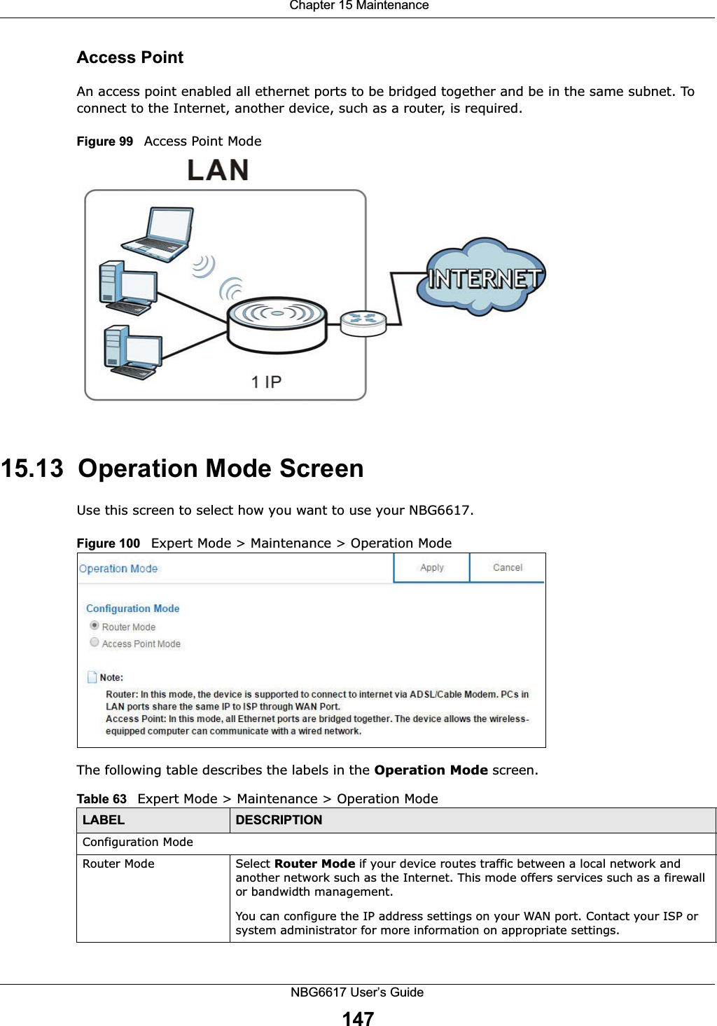  Chapter 15 MaintenanceNBG6617 User’s Guide147Access PointAn access point enabled all ethernet ports to be bridged together and be in the same subnet. To connect to the Internet, another device, such as a router, is required.Figure 99   Access Point Mode15.13  Operation Mode ScreenUse this screen to select how you want to use your NBG6617. Figure 100   Expert Mode &gt; Maintenance &gt; Operation Mode The following table describes the labels in the Operation Mode screen.Table 63   Expert Mode &gt; Maintenance &gt; Operation ModeLABEL DESCRIPTIONConfiguration ModeRouter Mode Select Router Mode if your device routes traffic between a local network and another network such as the Internet. This mode offers services such as a firewall or bandwidth management.You can configure the IP address settings on your WAN port. Contact your ISP or system administrator for more information on appropriate settings.