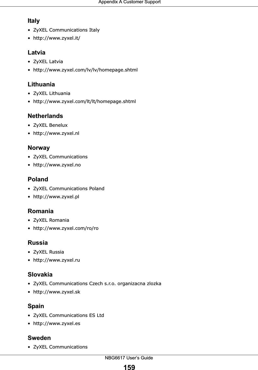  Appendix A Customer SupportNBG6617 User’s Guide159Italy• ZyXEL Communications Italy • http://www.zyxel.it/Latvia• ZyXEL Latvia• http://www.zyxel.com/lv/lv/homepage.shtmlLithuania• ZyXEL Lithuania• http://www.zyxel.com/lt/lt/homepage.shtmlNetherlands• ZyXEL Benelux• http://www.zyxel.nlNorway• ZyXEL Communications• http://www.zyxel.noPoland• ZyXEL Communications Poland• http://www.zyxel.plRomania• ZyXEL Romania• http://www.zyxel.com/ro/roRussia• ZyXEL Russia • http://www.zyxel.ruSlovakia• ZyXEL Communications Czech s.r.o. organizacna zlozka• http://www.zyxel.skSpain• ZyXEL Communications ES Ltd• http://www.zyxel.esSweden• ZyXEL Communications 