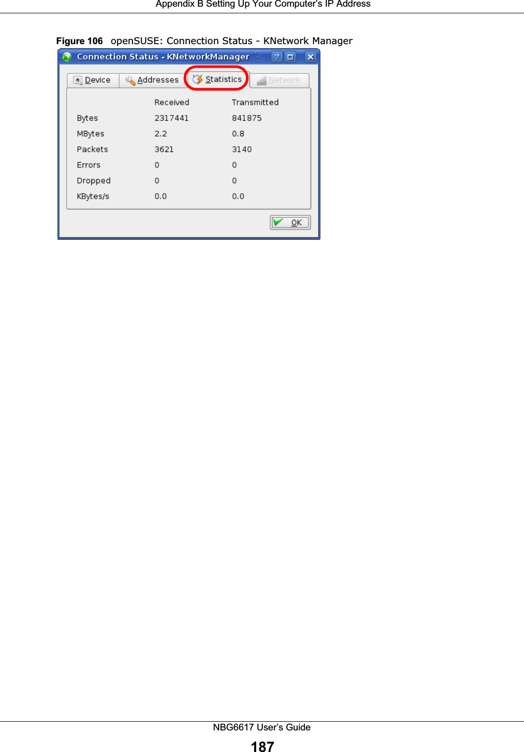  Appendix B Setting Up Your Computer’s IP AddressNBG6617 User’s Guide187Figure 106   openSUSE: Connection Status - KNetwork Manager