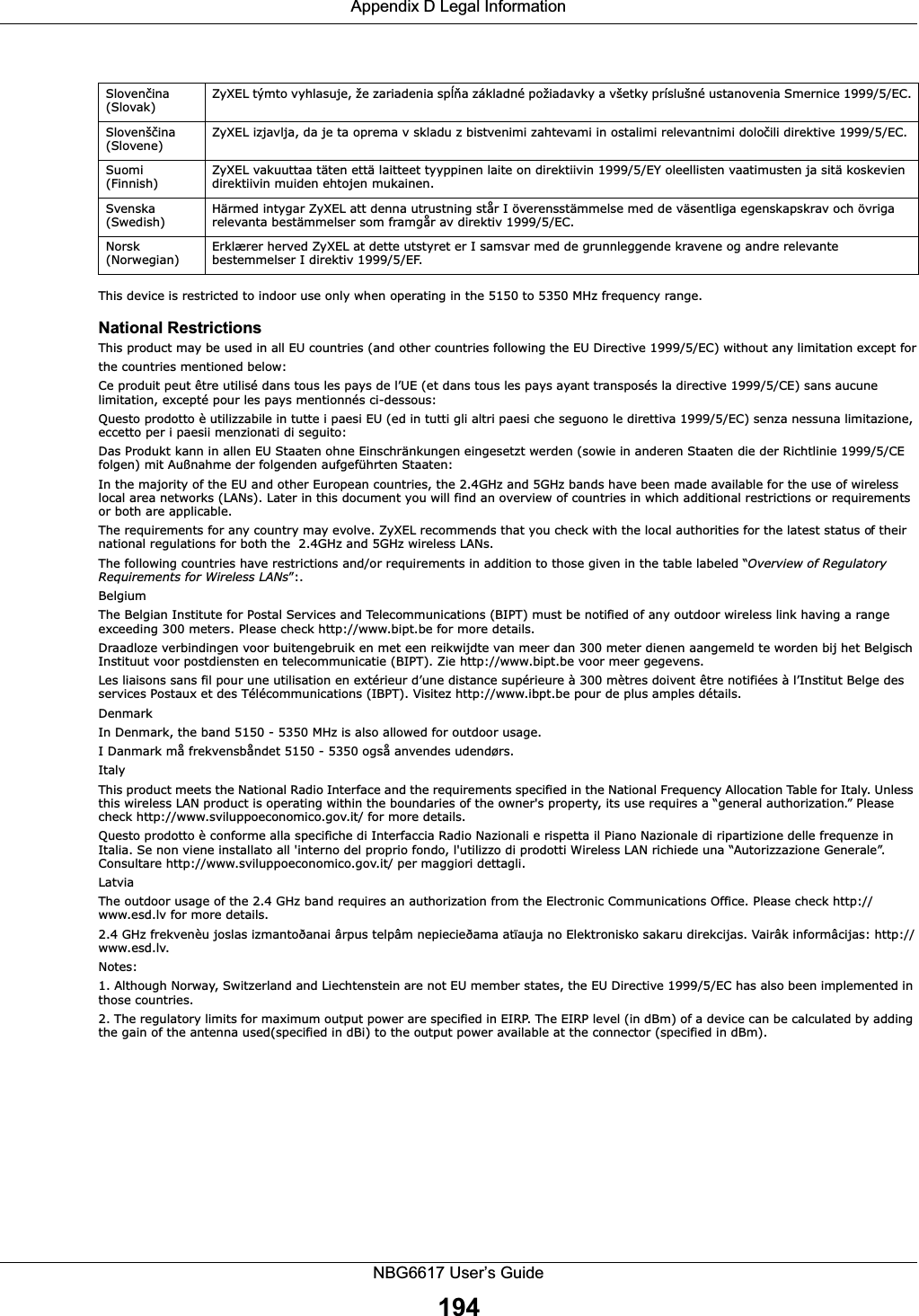 Appendix D Legal InformationNBG6617 User’s Guide194This device is restricted to indoor use only when operating in the 5150 to 5350 MHz frequency range.National RestrictionsThis product may be used in all EU countries (and other countries following the EU Directive 1999/5/EC) without any limitation except forthe countries mentioned below:Ce produit peut être utilisé dans tous les pays de l’UE (et dans tous les pays ayant transposés la directive 1999/5/CE) sans aucune limitation, excepté pour les pays mentionnés ci-dessous:Questo prodotto è utilizzabile in tutte i paesi EU (ed in tutti gli altri paesi che seguono le direttiva 1999/5/EC) senza nessuna limitazione, eccetto per i paesii menzionati di seguito:Das Produkt kann in allen EU Staaten ohne Einschränkungen eingesetzt werden (sowie in anderen Staaten die der Richtlinie 1999/5/CE folgen) mit Außnahme der folgenden aufgeführten Staaten:In the majority of the EU and other European countries, the 2.4GHz and 5GHz bands have been made available for the use of wireless local area networks (LANs). Later in this document you will find an overview of countries in which additional restrictions or requirements or both are applicable.The requirements for any country may evolve. ZyXEL recommends that you check with the local authorities for the latest status of their national regulations for both the  2.4GHz and 5GHz wireless LANs.The following countries have restrictions and/or requirements in addition to those given in the table labeled “Overview of Regulatory Requirements for Wireless LANs”:.BelgiumThe Belgian Institute for Postal Services and Telecommunications (BIPT) must be notified of any outdoor wireless link having a range exceeding 300 meters. Please check http://www.bipt.be for more details.Draadloze verbindingen voor buitengebruik en met een reikwijdte van meer dan 300 meter dienen aangemeld te worden bij het Belgisch Instituut voor postdiensten en telecommunicatie (BIPT). Zie http://www.bipt.be voor meer gegevens.Les liaisons sans fil pour une utilisation en extérieur d’une distance supérieure à 300 mètres doivent être notifiées à l’Institut Belge des services Postaux et des Télécommunications (IBPT). Visitez http://www.ibpt.be pour de plus amples détails.DenmarkIn Denmark, the band 5150 - 5350 MHz is also allowed for outdoor usage.I Danmark må frekvensbåndet 5150 - 5350 også anvendes udendørs.ItalyThis product meets the National Radio Interface and the requirements specified in the National Frequency Allocation Table for Italy. Unless this wireless LAN product is operating within the boundaries of the owner&apos;s property, its use requires a “general authorization.” Please check http://www.sviluppoeconomico.gov.it/ for more details.Questo prodotto è conforme alla specifiche di Interfaccia Radio Nazionali e rispetta il Piano Nazionale di ripartizione delle frequenze in Italia. Se non viene installato all &apos;interno del proprio fondo, l&apos;utilizzo di prodotti Wireless LAN richiede una “Autorizzazione Generale”. Consultare http://www.sviluppoeconomico.gov.it/ per maggiori dettagli.LatviaThe outdoor usage of the 2.4 GHz band requires an authorization from the Electronic Communications Office. Please check http:// www.esd.lv for more details.2.4 GHz frekvenèu joslas izmantoðanai ârpus telpâm nepiecieðama atïauja no Elektronisko sakaru direkcijas. Vairâk informâcijas: http://www.esd.lv.Notes:1. Although Norway, Switzerland and Liechtenstein are not EU member states, the EU Directive 1999/5/EC has also been implemented in those countries.2. The regulatory limits for maximum output power are specified in EIRP. The EIRP level (in dBm) of a device can be calculated by adding the gain of the antenna used(specified in dBi) to the output power available at the connector (specified in dBm).Slovenina (Slovak) ZyXEL týmto vyhlasuje, že zariadenia spa základné požiadavky a všetky príslušné ustanovenia Smernice 1999/5/EC.Slovenšina (Slovene) ZyXEL izjavlja, da je ta oprema v skladu z bistvenimi zahtevami in ostalimi relevantnimi doloili direktive 1999/5/EC.Suomi (Finnish) ZyXEL vakuuttaa täten että laitteet tyyppinen laite on direktiivin 1999/5/EY oleellisten vaatimusten ja sitä koskevien direktiivin muiden ehtojen mukainen.Svenska (Swedish) Härmed intygar ZyXEL att denna utrustning står I överensstämmelse med de väsentliga egenskapskrav och övriga relevanta bestämmelser som framgår av direktiv 1999/5/EC.Norsk (Norwegian) Erklærer herved ZyXEL at dette utstyret er I samsvar med de grunnleggende kravene og andre relevante bestemmelser I direktiv 1999/5/EF.