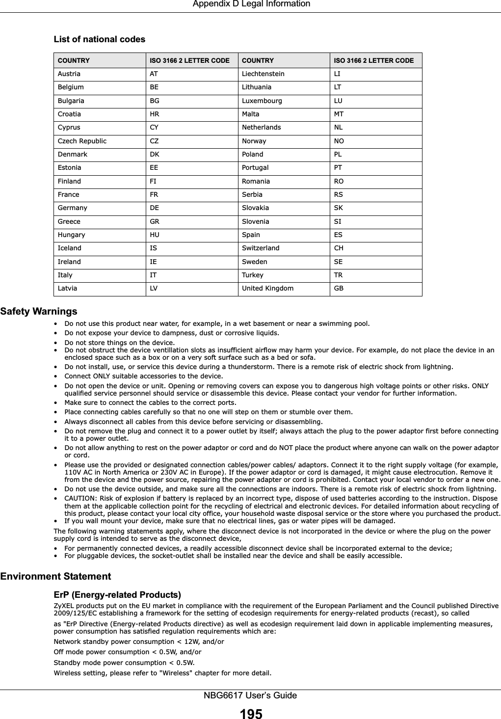  Appendix D Legal InformationNBG6617 User’s Guide195List of national codesSafety Warnings• Do not use this product near water, for example, in a wet basement or near a swimming pool.• Do not expose your device to dampness, dust or corrosive liquids.• Do not store things on the device.• Do not obstruct the device ventillation slots as insufficient airflow may harm your device. For example, do not place the device in an enclosed space such as a box or on a very soft surface such as a bed or sofa.• Do not install, use, or service this device during a thunderstorm. There is a remote risk of electric shock from lightning.• Connect ONLY suitable accessories to the device.• Do not open the device or unit. Opening or removing covers can expose you to dangerous high voltage points or other risks. ONLY qualified service personnel should service or disassemble this device. Please contact your vendor for further information.• Make sure to connect the cables to the correct ports.• Place connecting cables carefully so that no one will step on them or stumble over them.• Always disconnect all cables from this device before servicing or disassembling.• Do not remove the plug and connect it to a power outlet by itself; always attach the plug to the power adaptor first before connecting it to a power outlet.• Do not allow anything to rest on the power adaptor or cord and do NOT place the product where anyone can walk on the power adaptor or cord.• Please use the provided or designated connection cables/power cables/ adaptors. Connect it to the right supply voltage (for example, 110V AC in North America or 230V AC in Europe). If the power adaptor or cord is damaged, it might cause electrocution. Remove it from the device and the power source, repairing the power adapter or cord is prohibited. Contact your local vendor to order a new one.• Do not use the device outside, and make sure all the connections are indoors. There is a remote risk of electric shock from lightning.• CAUTION: Risk of explosion if battery is replaced by an incorrect type, dispose of used batteries according to the instruction. Dispose them at the applicable collection point for the recycling of electrical and electronic devices. For detailed information about recycling of this product, please contact your local city office, your household waste disposal service or the store where you purchased the product.• If you wall mount your device, make sure that no electrical lines, gas or water pipes will be damaged. The following warning statements apply, where the disconnect device is not incorporated in the device or where the plug on the power supply cord is intended to serve as the disconnect device,• For permanently connected devices, a readily accessible disconnect device shall be incorporated external to the device;• For pluggable devices, the socket-outlet shall be installed near the device and shall be easily accessible.Environment StatementErP (Energy-related Products) ZyXEL products put on the EU market in compliance with the requirement of the European Parliament and the Council published Directive 2009/125/EC establishing a framework for the setting of ecodesign requirements for energy-related products (recast), so calledas &quot;ErP Directive (Energy-related Products directive) as well as ecodesign requirement laid down in applicable implementing measures, power consumption has satisfied regulation requirements which are:Network standby power consumption &lt; 12W, and/orOff mode power consumption &lt; 0.5W, and/orStandby mode power consumption &lt; 0.5W.Wireless setting, please refer to &quot;Wireless&quot; chapter for more detail.COUNTRY ISO 3166 2 LETTER CODE COUNTRY ISO 3166 2 LETTER CODEAustria AT Liechtenstein LIBelgium BE Lithuania LTBulgaria BG Luxembourg LUCroatia HR Malta MTCyprus CY Netherlands NLCzech Republic CZ Norway NODenmark DK Poland PLEstonia EE Portugal PTFinland FI Romania ROFrance FR Serbia RSGermany DE Slovakia SKGreece GR Slovenia SIHungary HU Spain ESIceland IS Switzerland CHIreland IE Sweden SEItaly IT Turkey TRLatvia LV United Kingdom GB