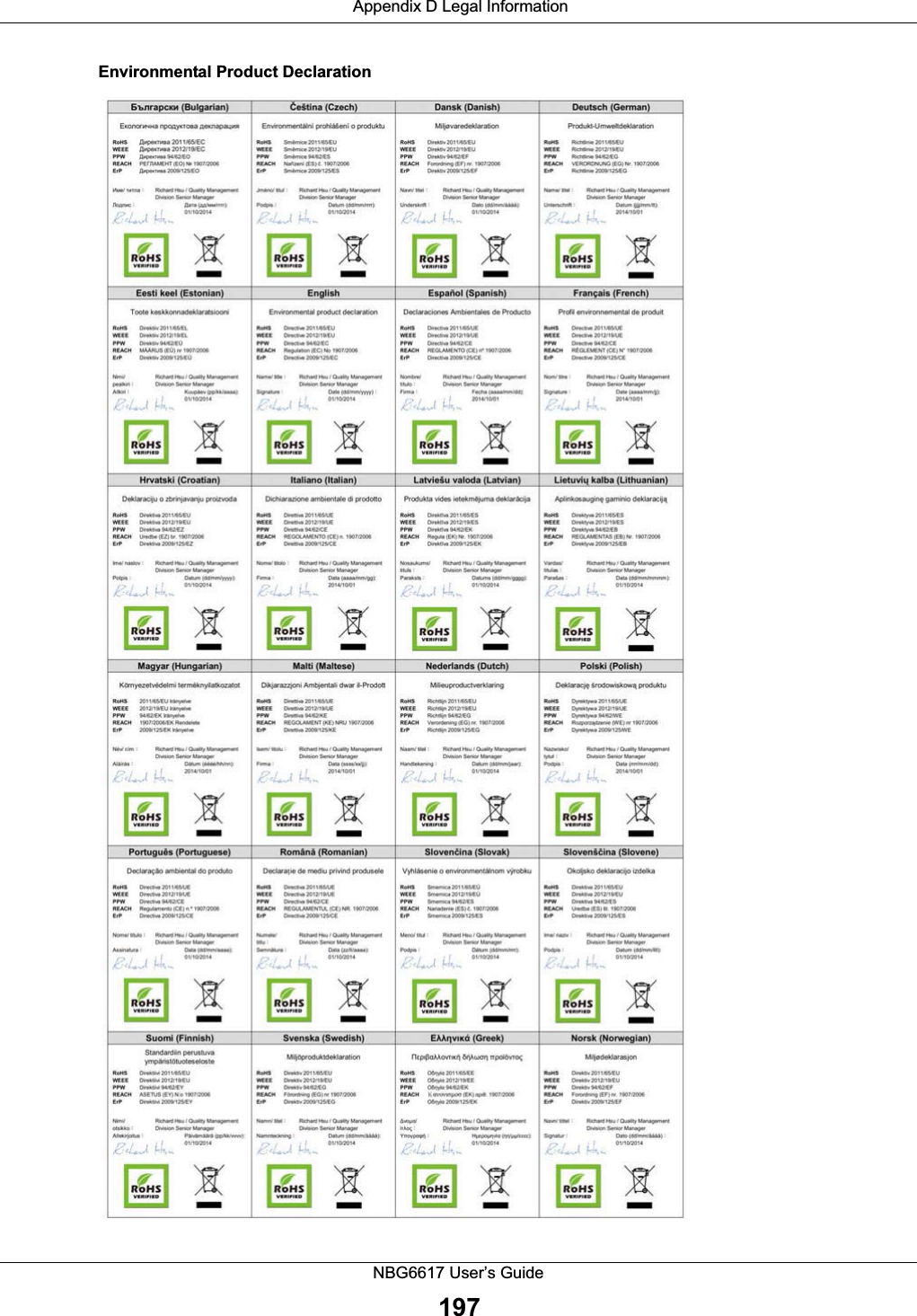  Appendix D Legal InformationNBG6617 User’s Guide197Environmental Product Declaration 