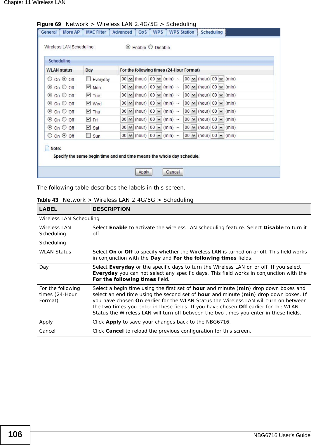 Chapter 11 Wireless LANNBG6716 User’s Guide106Figure 69   Network &gt; Wireless LAN 2.4G/5G &gt; SchedulingThe following table describes the labels in this screen.Table 43   Network &gt; Wireless LAN 2.4G/5G &gt; SchedulingLABEL DESCRIPTIONWireless LAN SchedulingWireless LAN Scheduling Select Enable to activate the wireless LAN scheduling feature. Select Disable to turn it off.SchedulingWLAN Status Select On or Off to specify whether the Wireless LAN is turned on or off. This field works in conjunction with the Day and For the following times fields.Day Select Everyday or the specific days to turn the Wireless LAN on or off. If you select Everyday you can not select any specific days. This field works in conjunction with the For the following times field.For the following times (24-Hour Format)Select a begin time using the first set of hour and minute (min) drop down boxes and select an end time using the second set of hour and minute (min) drop down boxes. If you have chosen On earlier for the WLAN Status the Wireless LAN will turn on between the two times you enter in these fields. If you have chosen Off earlier for the WLAN Status the Wireless LAN will turn off between the two times you enter in these fields. Apply Click Apply to save your changes back to the NBG6716.Cancel Click Cancel to reload the previous configuration for this screen.