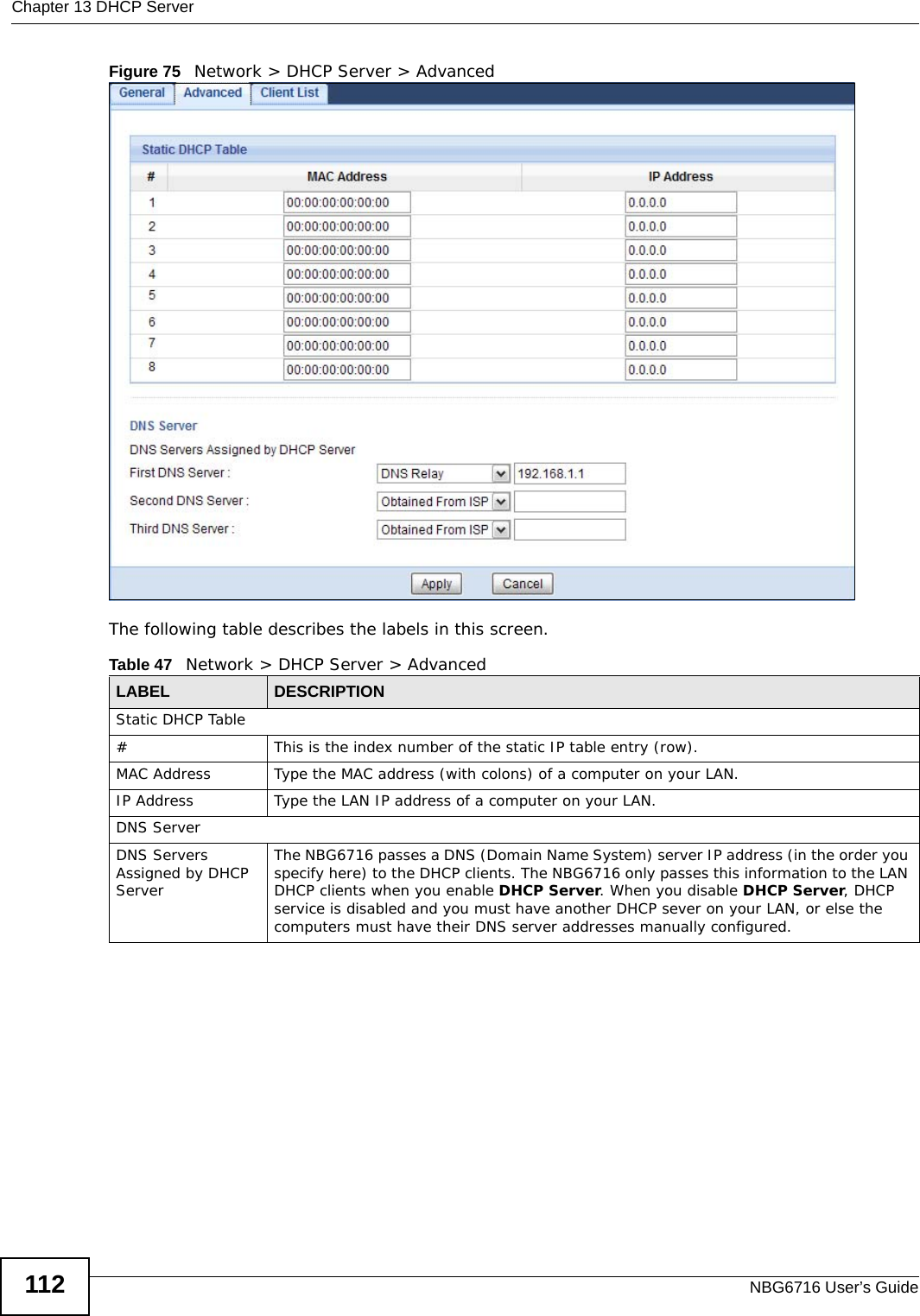 Chapter 13 DHCP ServerNBG6716 User’s Guide112Figure 75   Network &gt; DHCP Server &gt; Advanced The following table describes the labels in this screen.Table 47   Network &gt; DHCP Server &gt; AdvancedLABEL DESCRIPTIONStatic DHCP Table# This is the index number of the static IP table entry (row).MAC Address Type the MAC address (with colons) of a computer on your LAN.IP Address Type the LAN IP address of a computer on your LAN.DNS ServerDNS Servers Assigned by DHCP Server The NBG6716 passes a DNS (Domain Name System) server IP address (in the order you specify here) to the DHCP clients. The NBG6716 only passes this information to the LAN DHCP clients when you enable DHCP Server. When you disable DHCP Server, DHCP service is disabled and you must have another DHCP sever on your LAN, or else the computers must have their DNS server addresses manually configured.